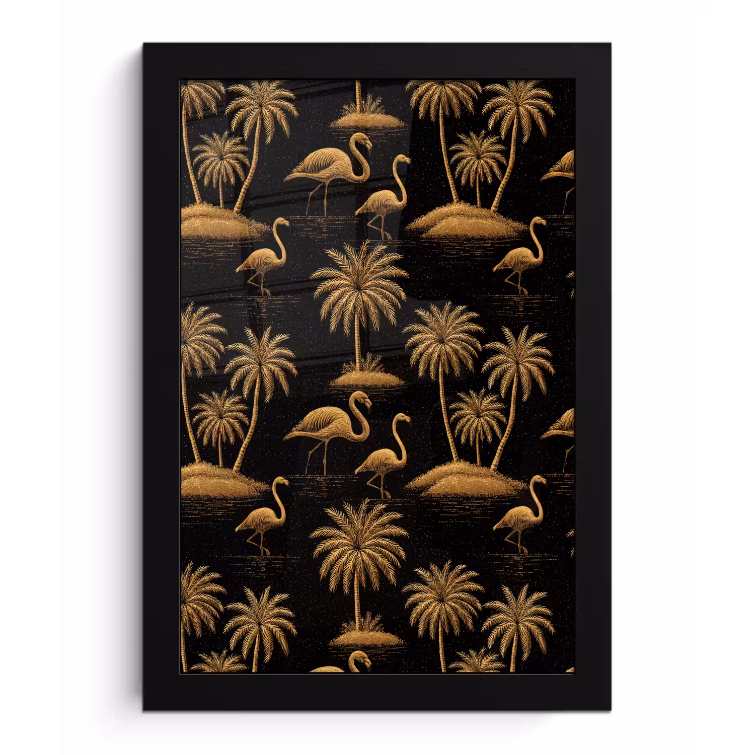 Flamingo - Palmbomen - Tropisch - Goud - Zwart fotolijst zwart zonder passe partout klein 224 -3d