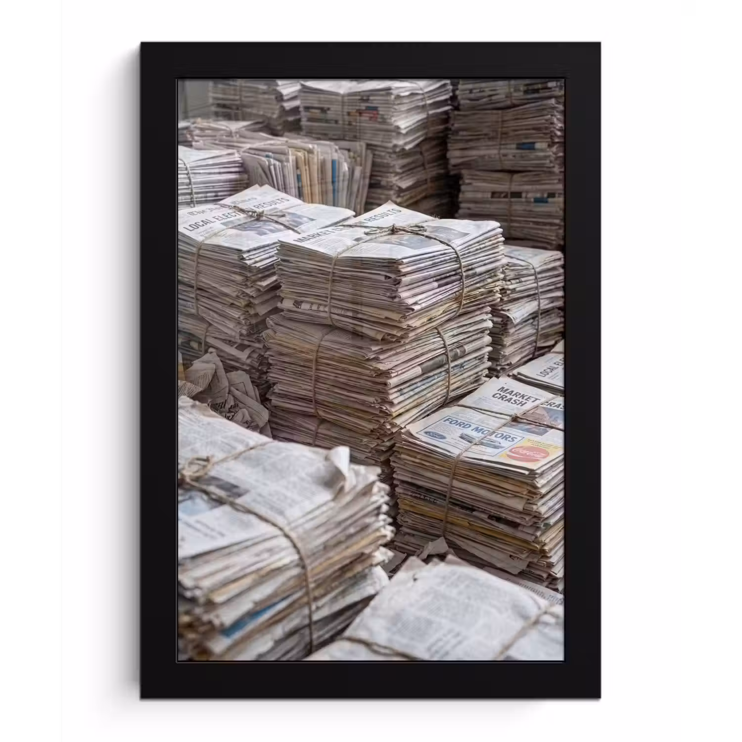Kranten - Stapels - Touw - Informatie - Vintage fotolijst zwart zonder passe partout klein -3d