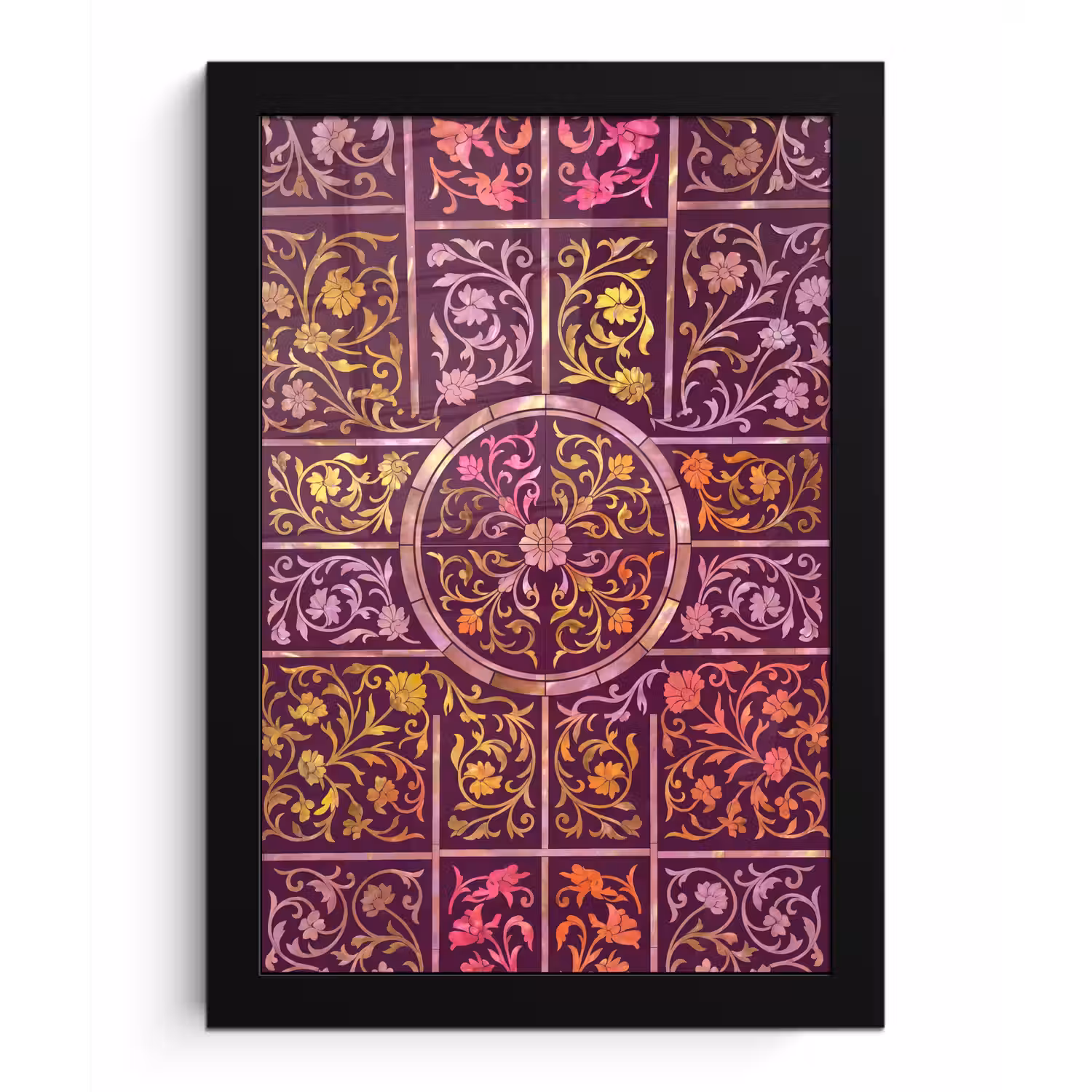Patroon - Floraal - Oosters - Paars - Goud fotolijst zwart zonder passe partout klein -3d