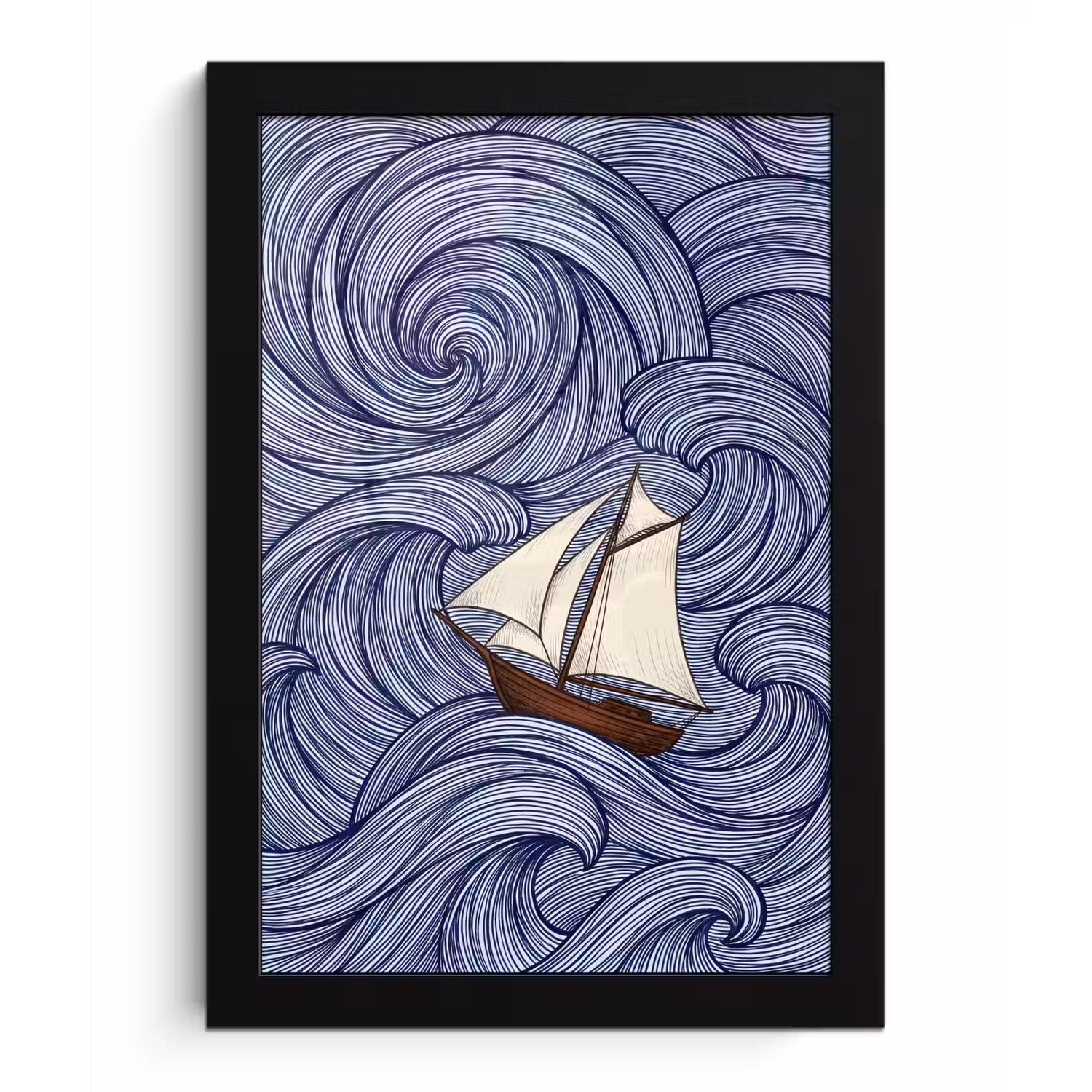 Schip - Golven - Zee - Illustratie - Blauw fotolijst zwart zonder passe partout klein -3d