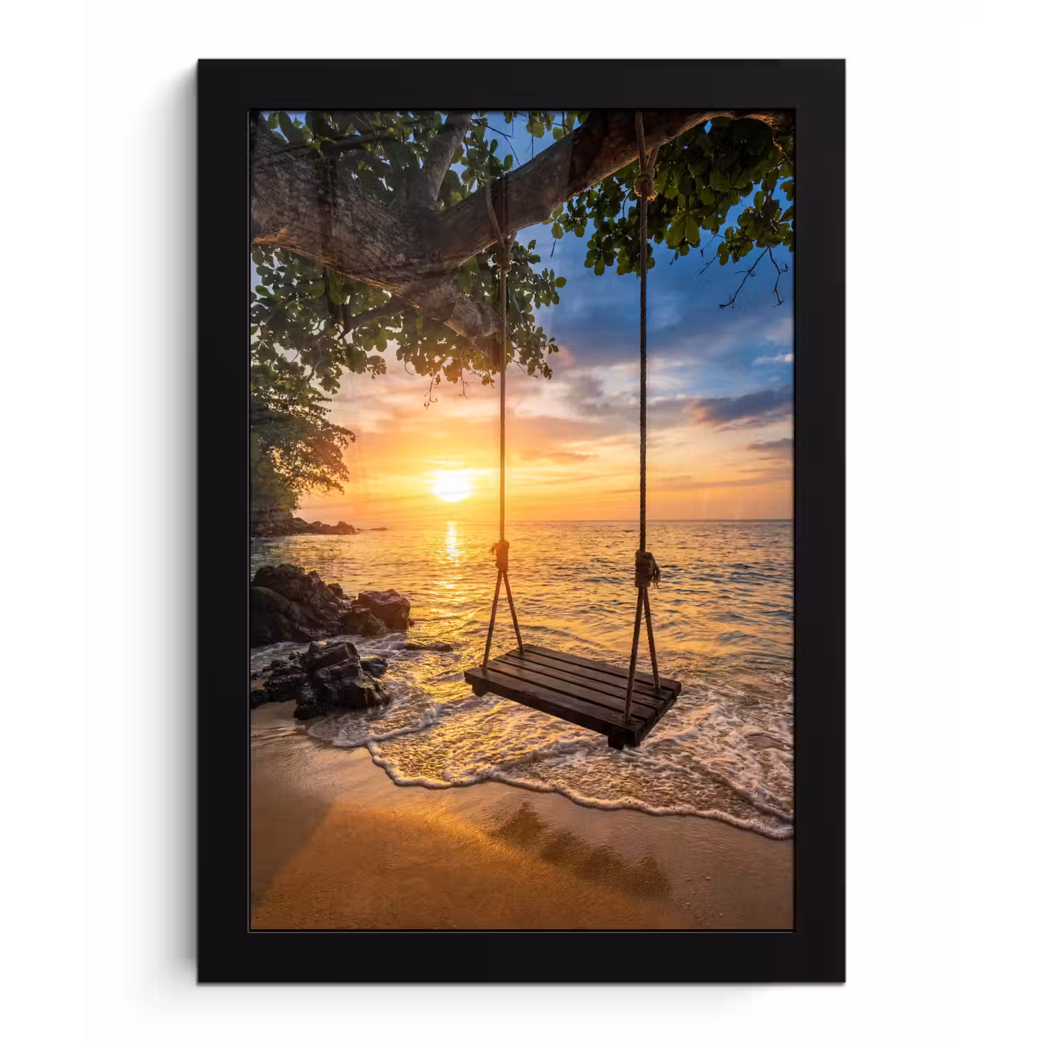 Schommel - Strand - Zonsondergang - Natuur - Oranje fotolijst zwart zonder passe partout klein -3d