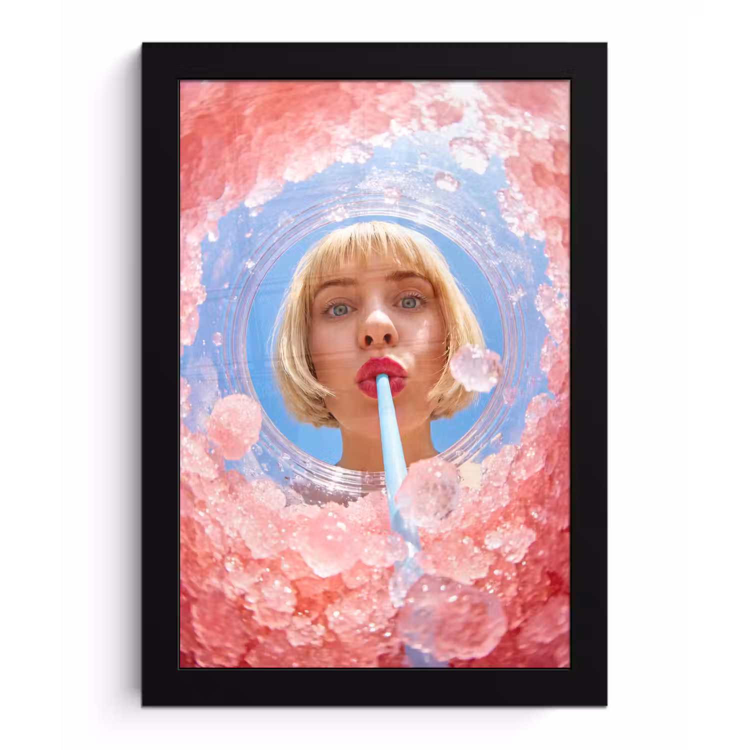 Vrouw - Drank - Zomer - Roze - Blauw fotolijst zwart zonder passe partout klein -3d