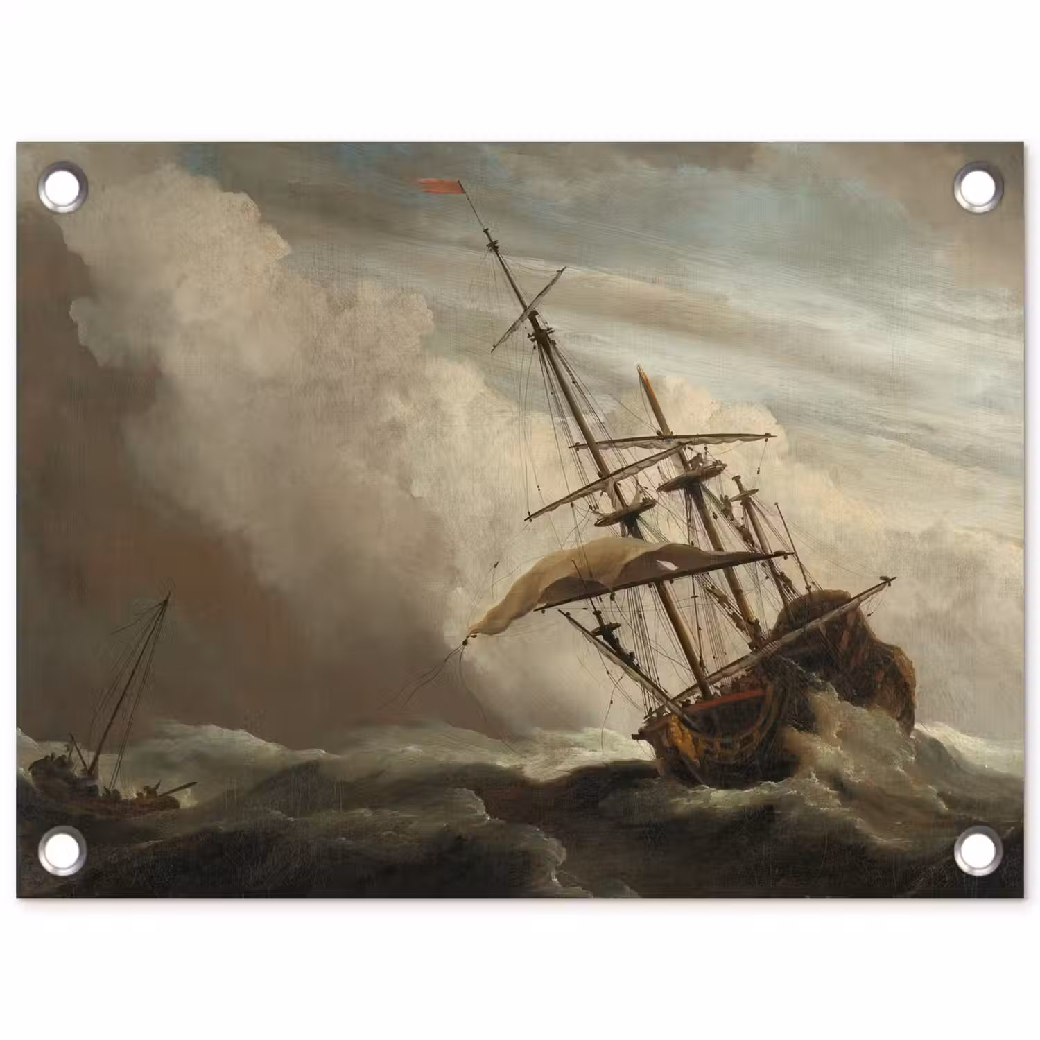 Een schip in volle zee bij vliegende storm - Schilderij van Willem van de Velde tuinposter los doek klein -3d