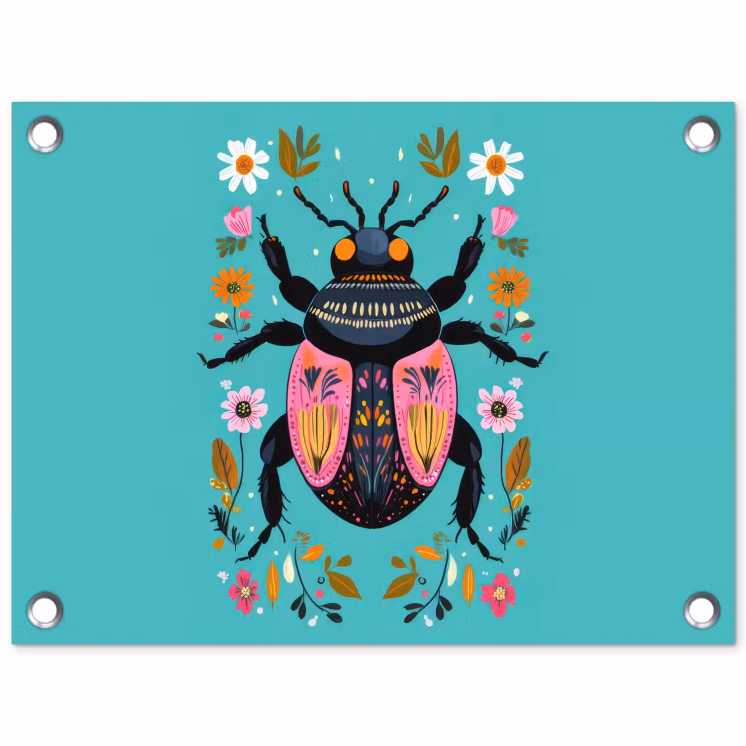 Kever - Bloemmotieven - Turquoise - Bladeren tuinposter los doek klein -3d