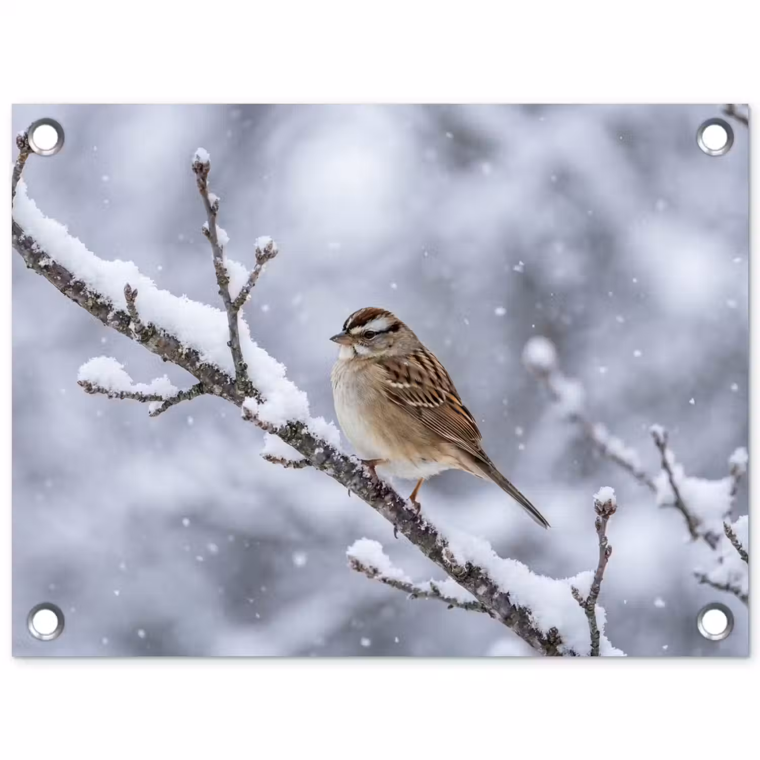 Vogel - Tak - Sneeuw - Winter tuinposter los doek klein -3d