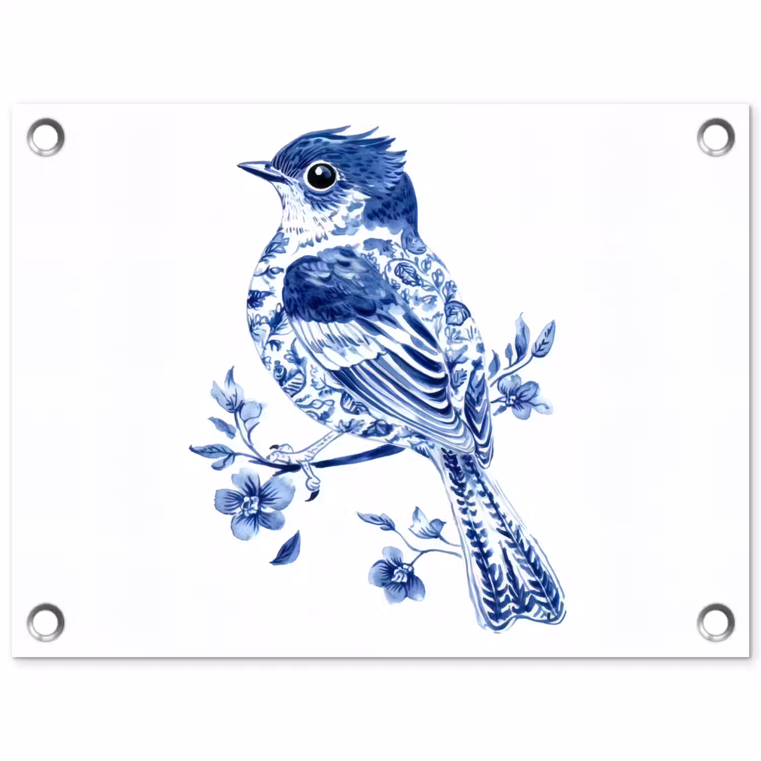 Vogel - Delfts blauw - Illustratie - Bloemen tuinposter los doek klein -3d