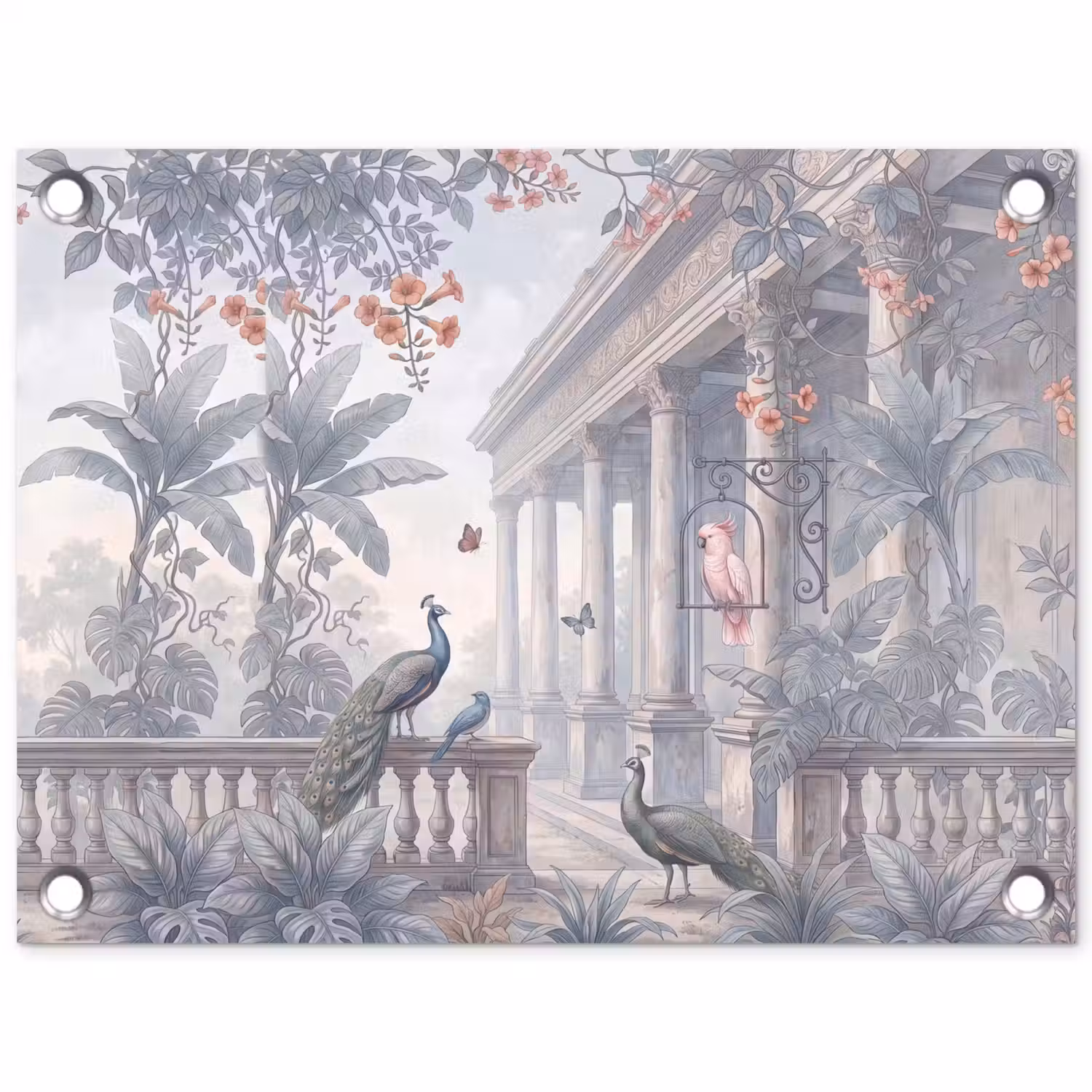 Vogel - Pauw - Architectuur - Klassiek - Groen tuinposter los doek klein -3d