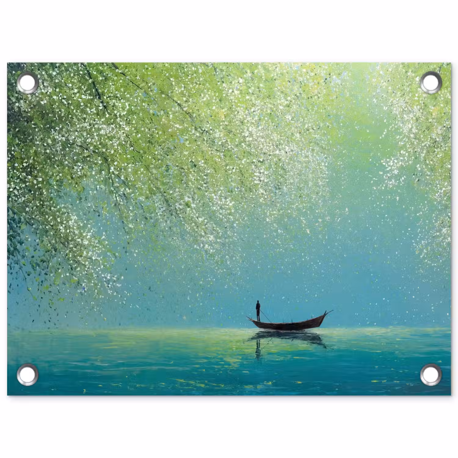 Bootje - Water - Bladeren - Bloesems tuinposter los doek klein -3d