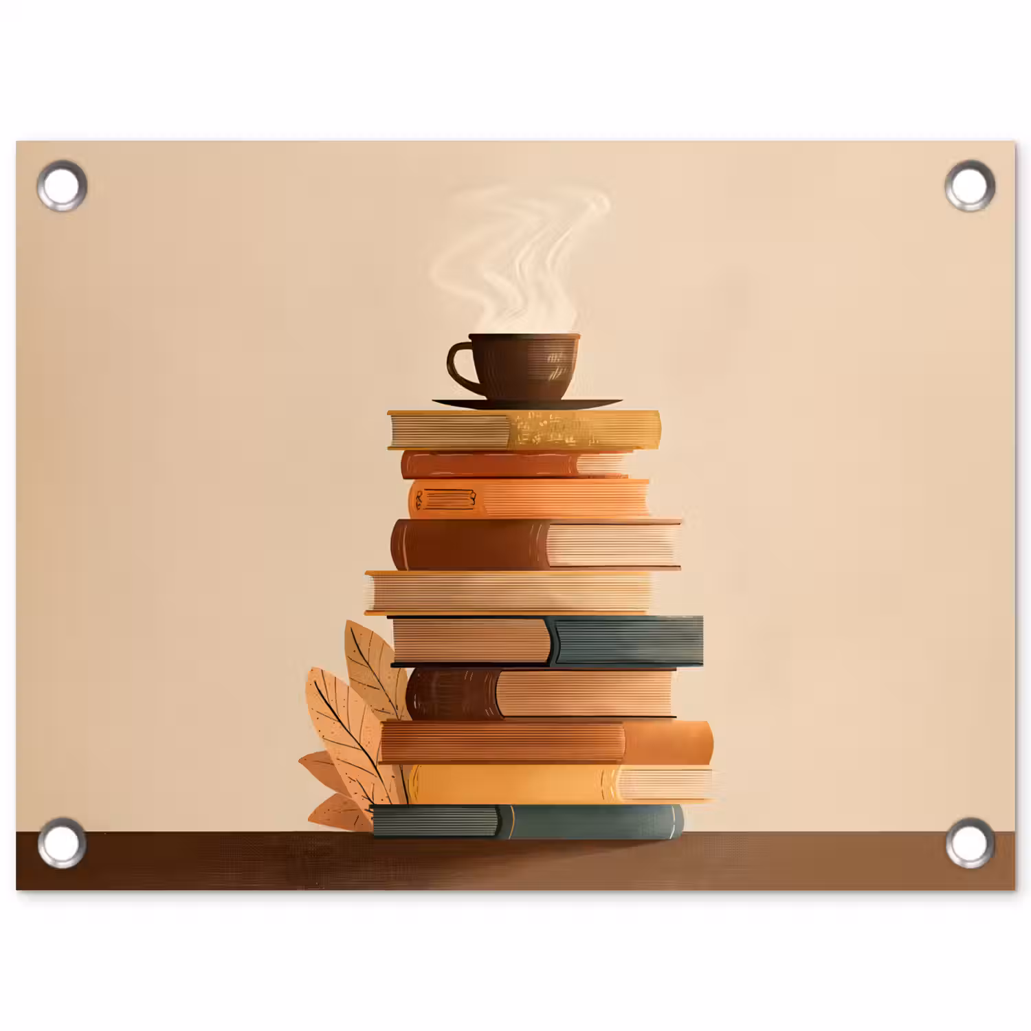 Boeken - Toren - Koffie - Beige tuinposter los doek klein -3d