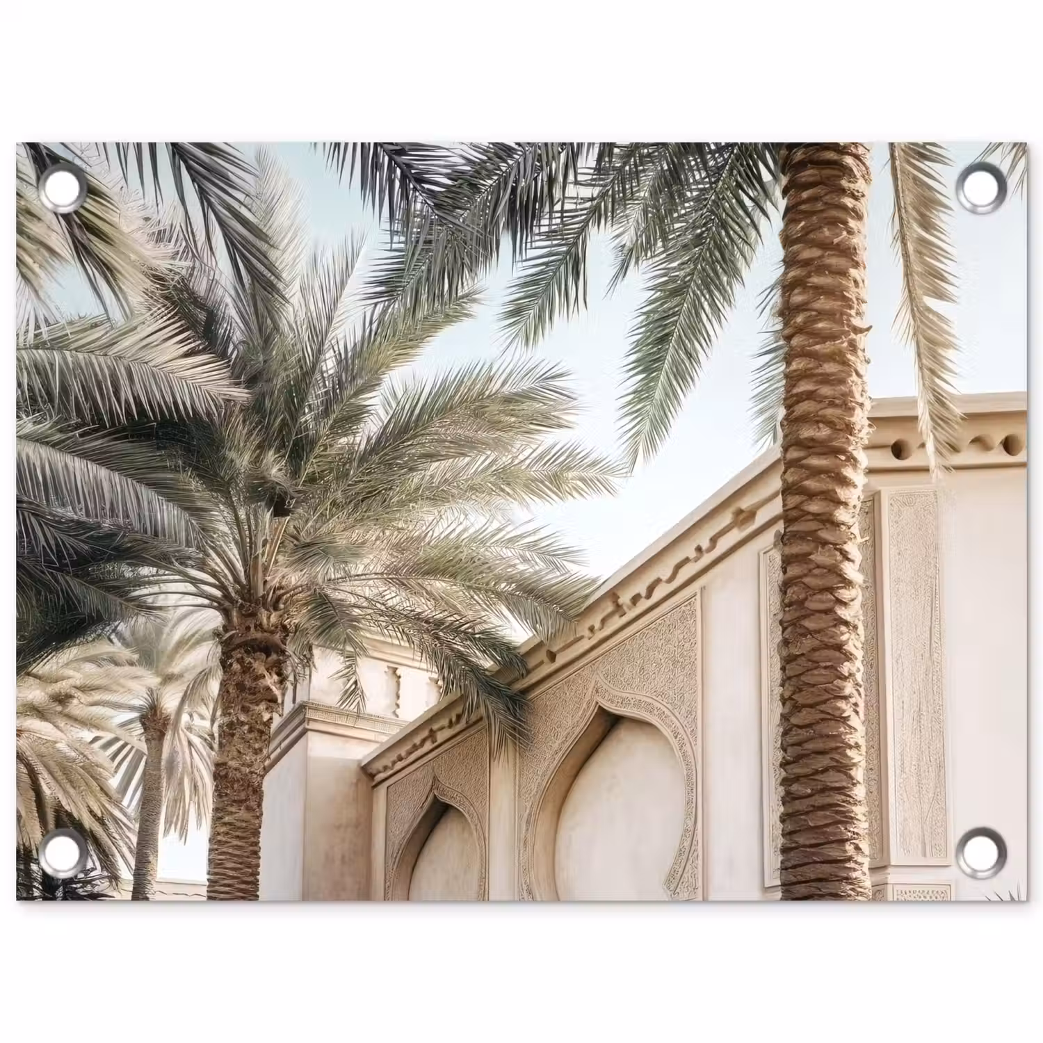 Gebouw - Palmbomen - Beige - Zon tuinposter los doek klein -3d