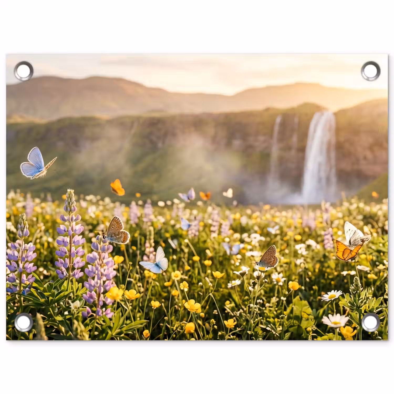 Vlinders - Waterval - Bloemenveld tuinposter los doek klein -3d