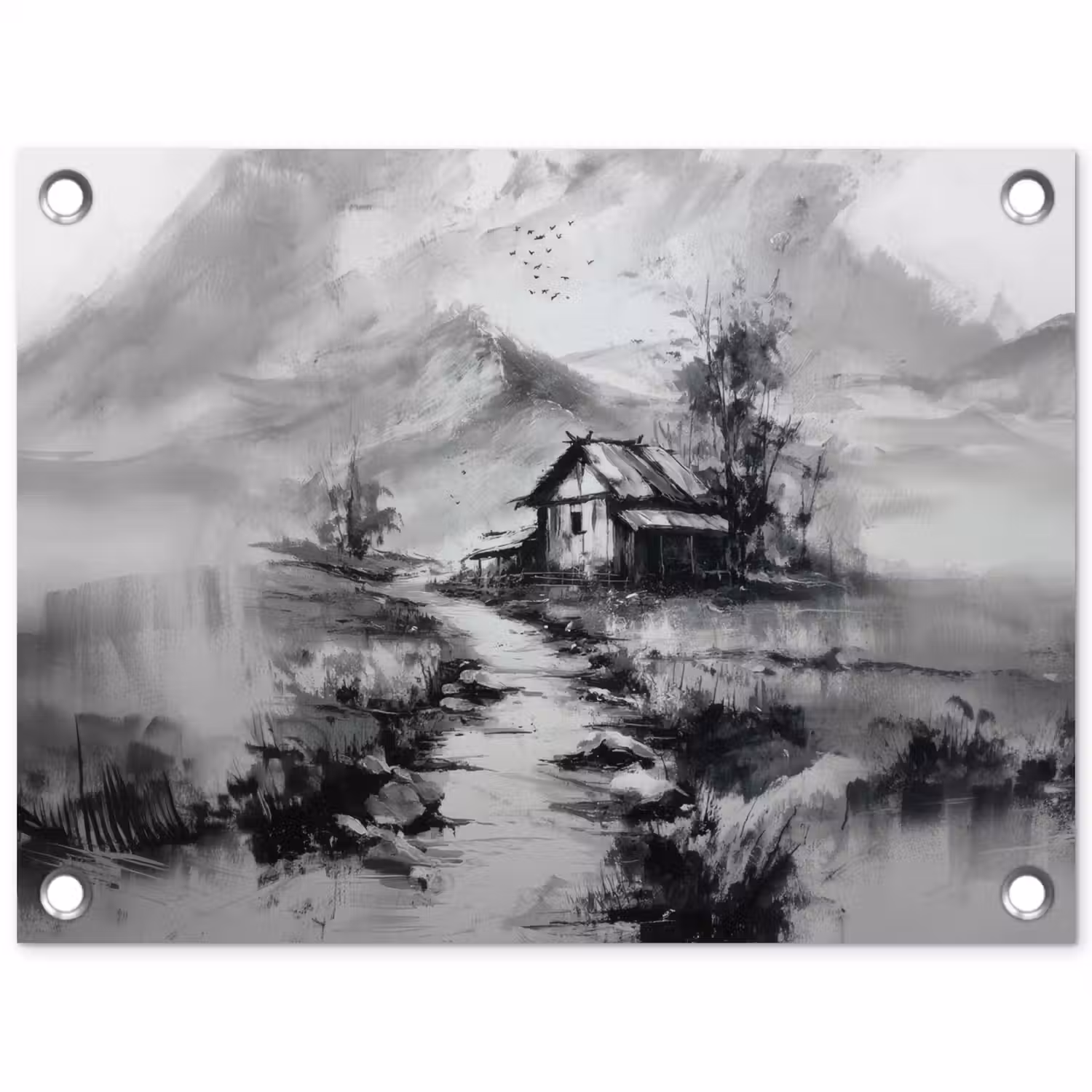 Hut - Grijs - Bergen - Mistig tuinposter los doek klein -3d