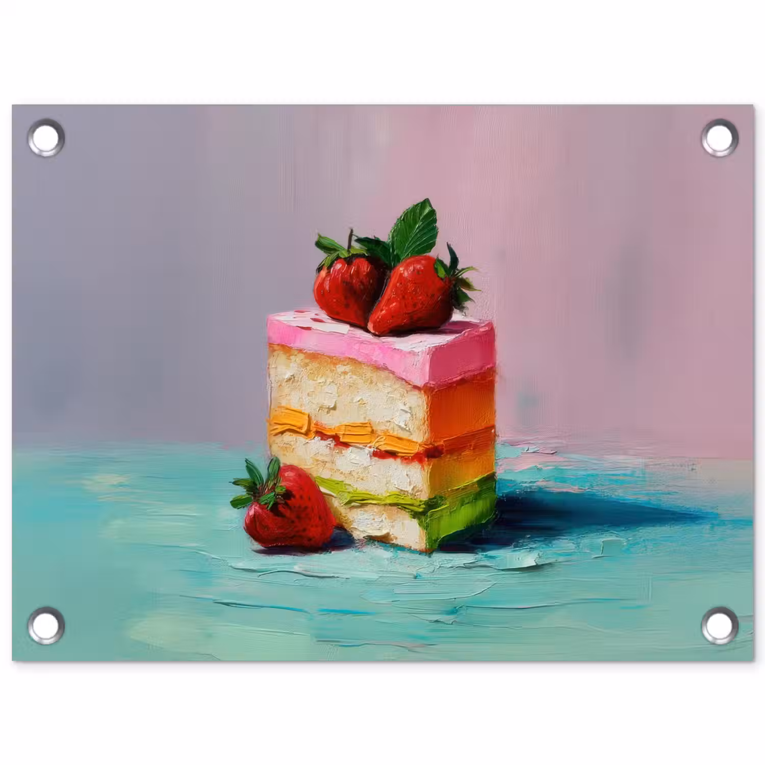 Taartje - Aardbeien - Glazuur - Kleurrijk tuinposter los doek klein -3d