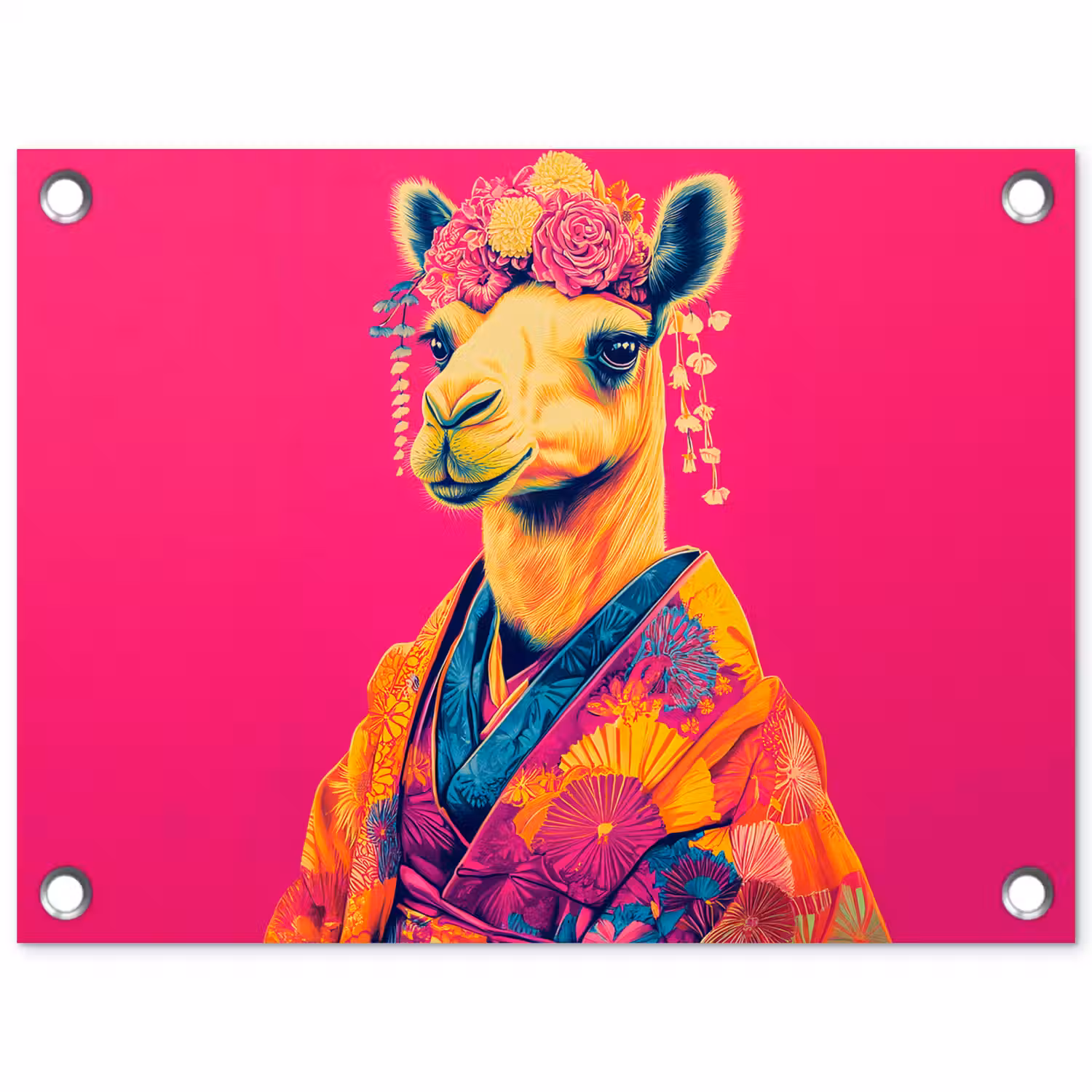 Kameel - Bloemen - Kimono - Waaiers tuinposter los doek klein -3d