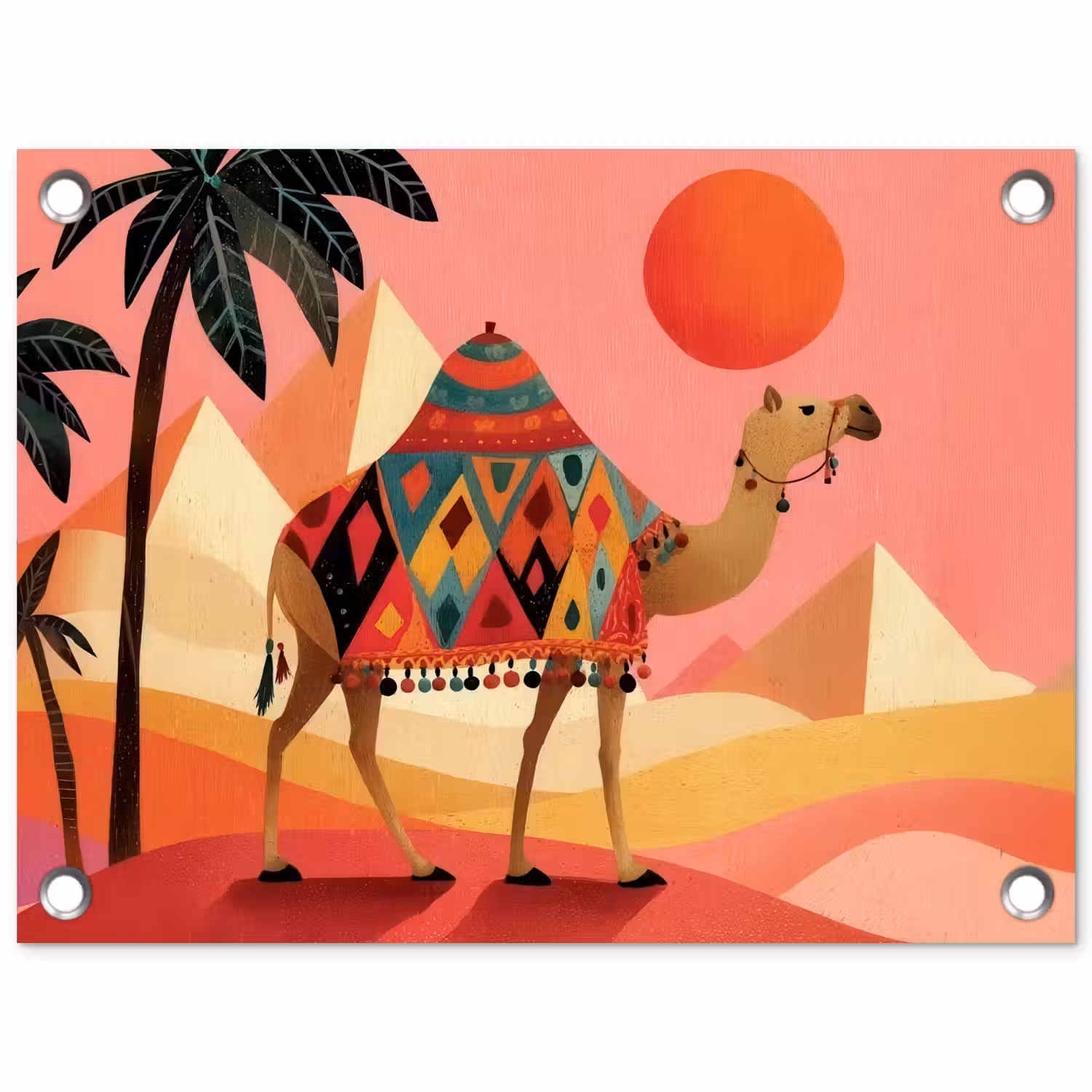 Kameel - Pyramides - Rode zon tuinposter los doek klein -3d