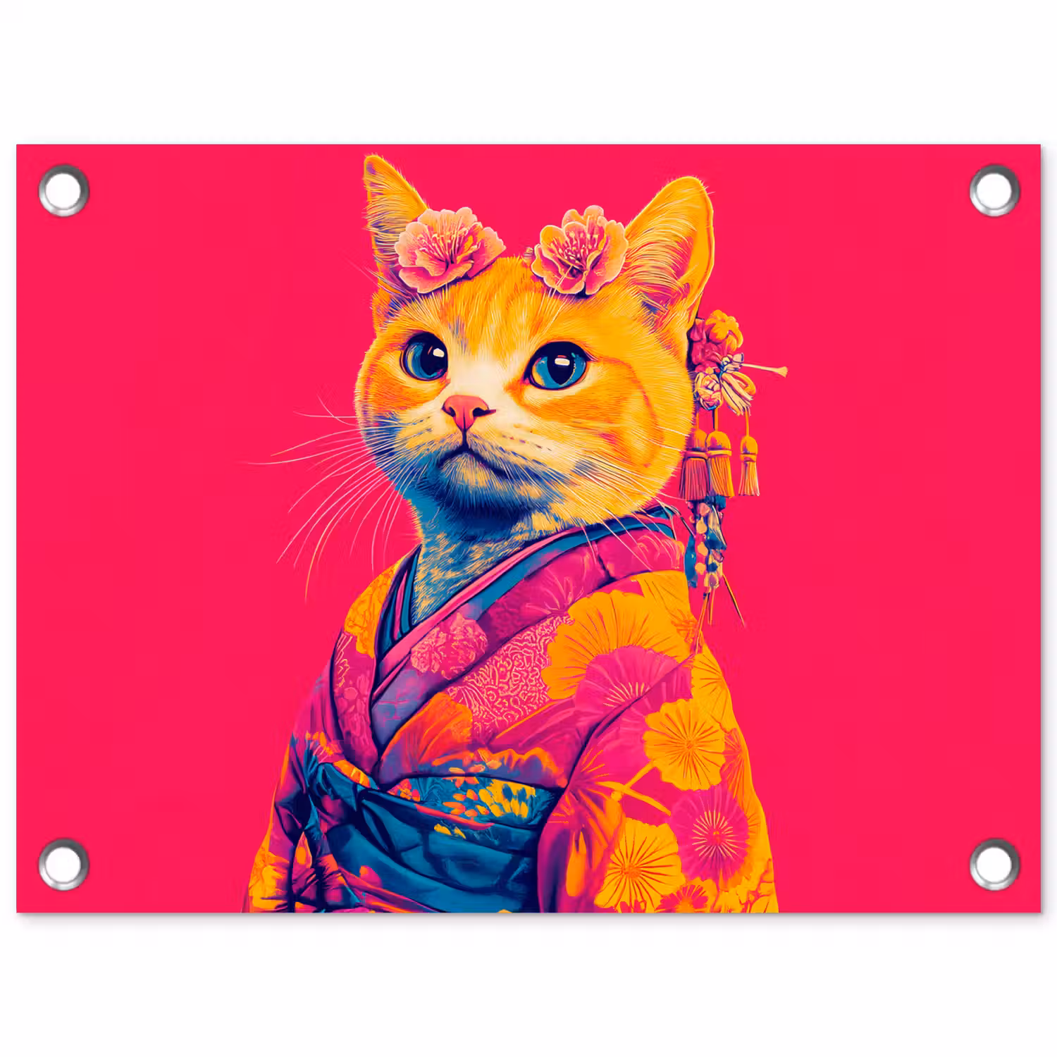 Kat - Kimono - Bloemen - Roze tuinposter los doek klein -3d