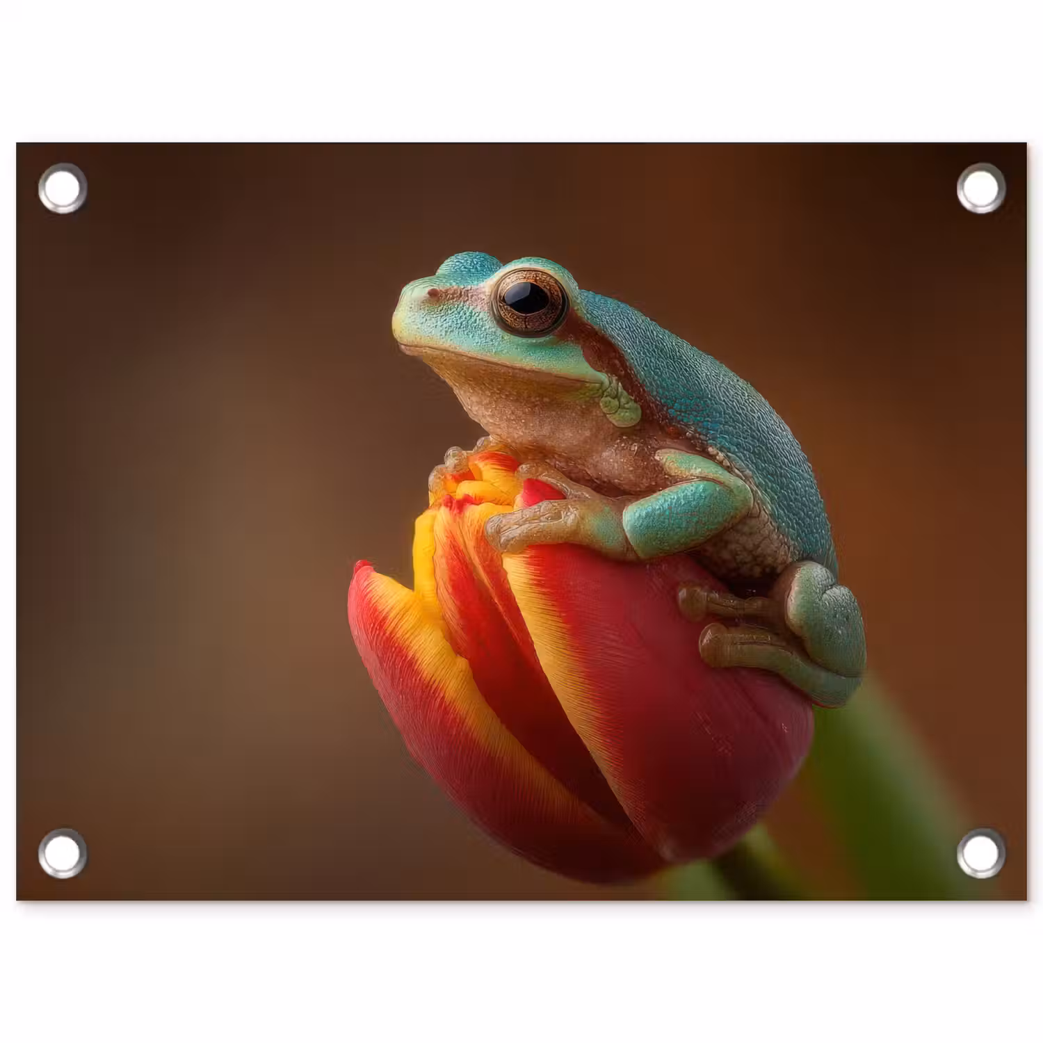 Close-up - Kikker - Tulp - Rood tuinposter los doek klein -3d