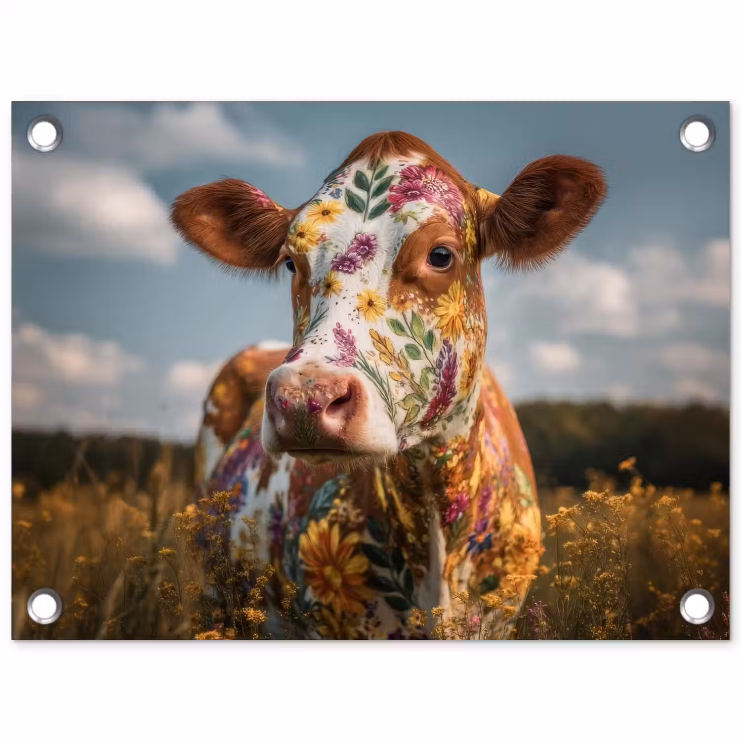 Koe - Bloemen - Weiland tuinposter los doek klein -3d