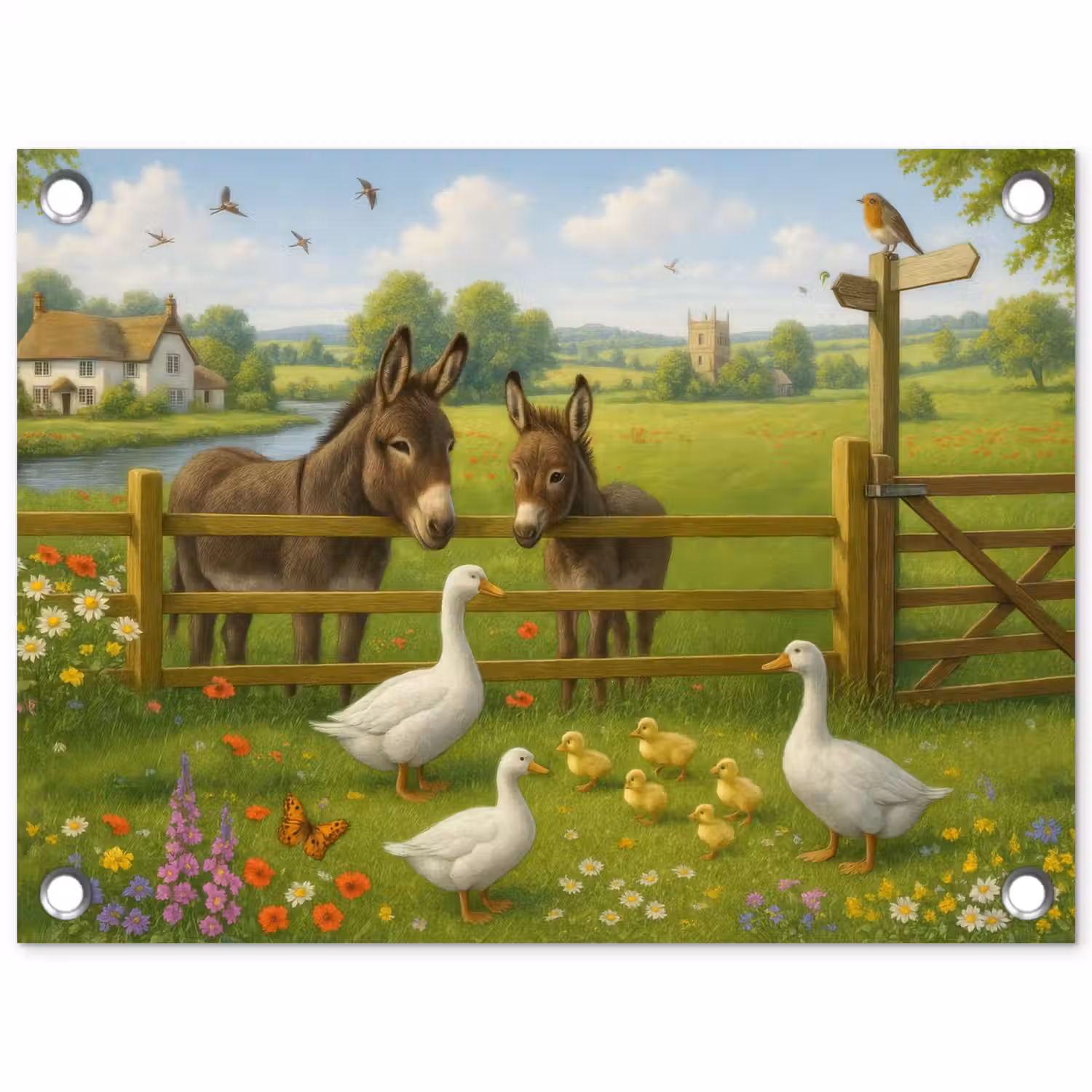 Ezels - Ganzen - Kleurrijk tuinposter los doek klein -3d