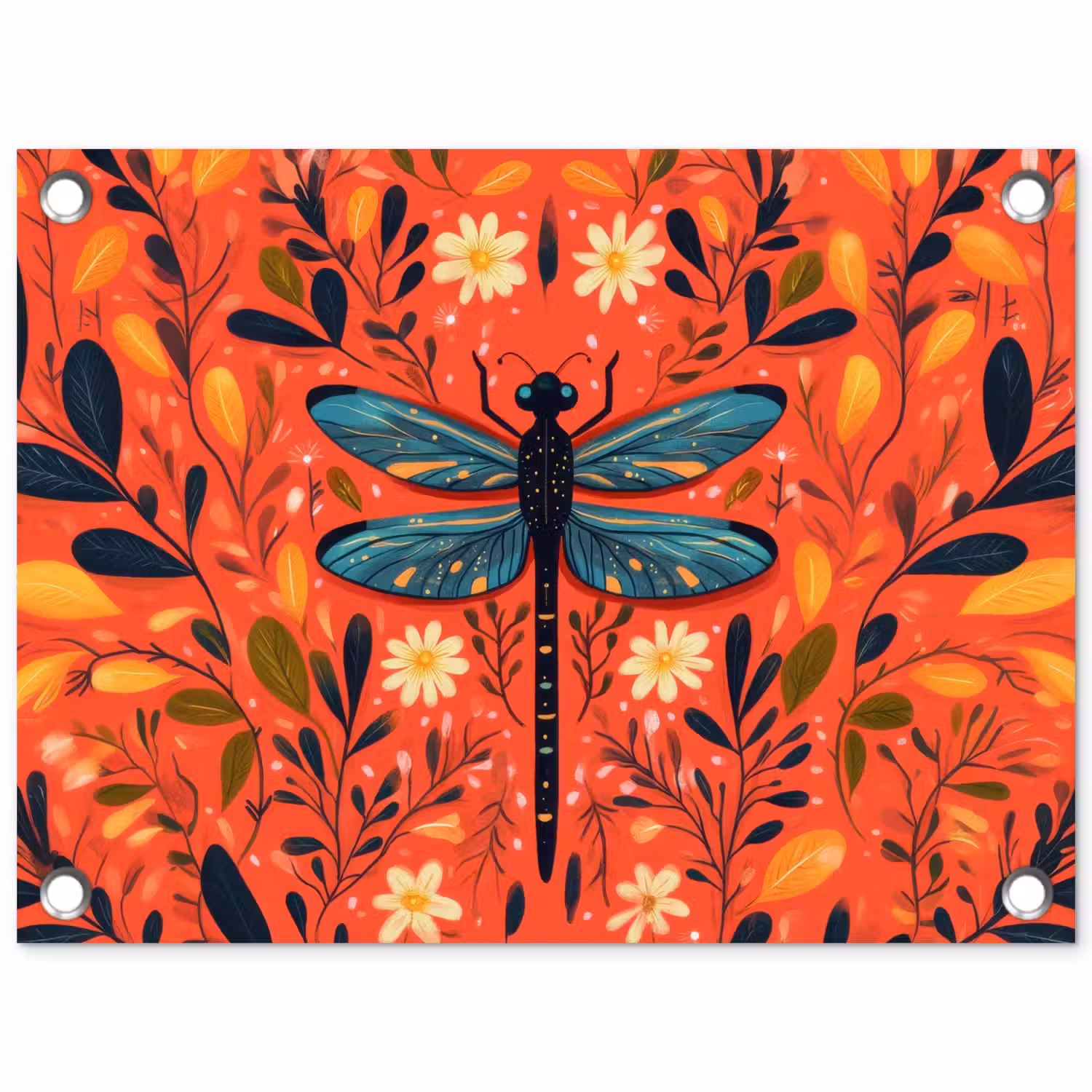 Libel - Blauw - Vleugels - Bladeren tuinposter los doek klein -3d