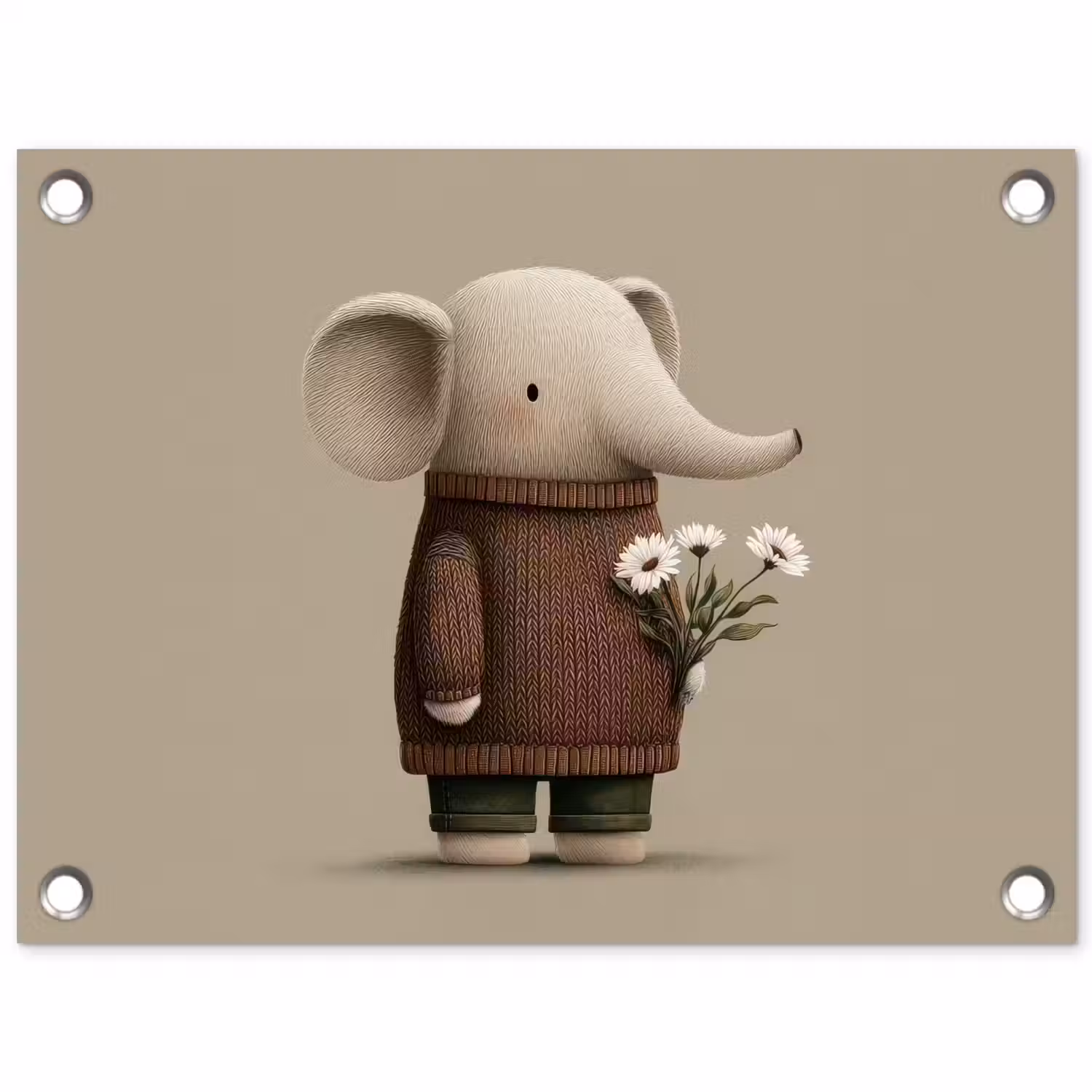 Olifant - Witte bloemen - Kindvriendelijk tuinposter los doek klein -3d