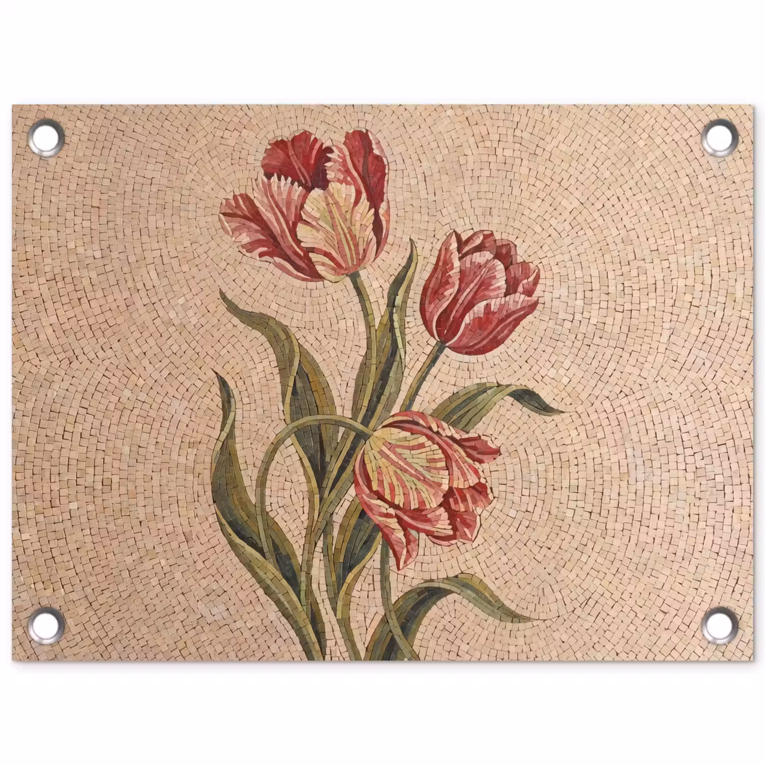 Bloemen - Mozaïek - Rood - Groen - Kunst tuinposter los doek klein -3d
