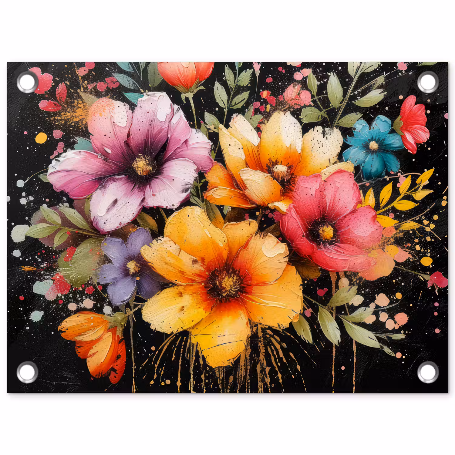 Bloemenpracht op Zwarte Achtergrond tuinposter los doek klein -3d