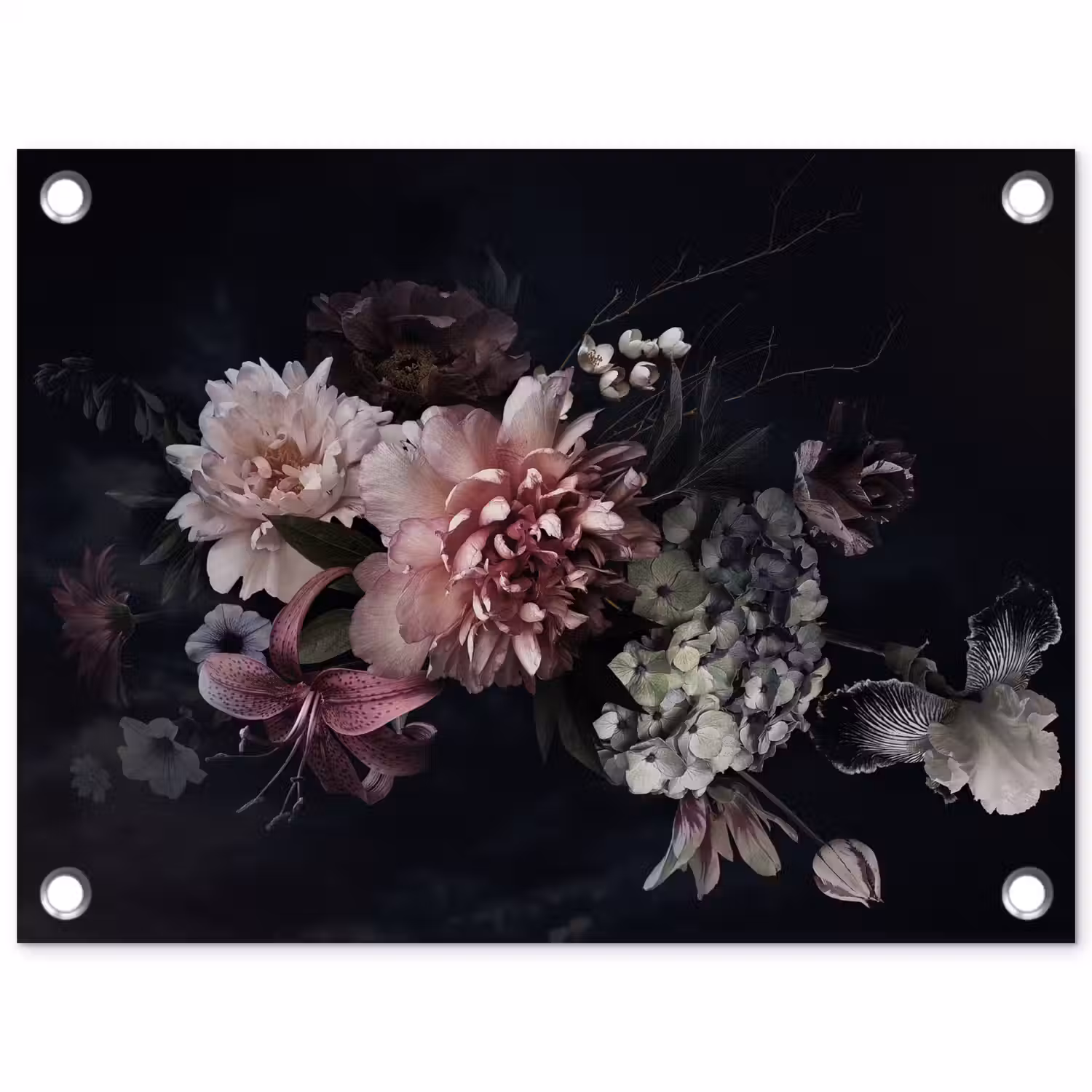 Bloemen - Vintage - Pastel - Zwart - Boeket tuinposter los doek klein -3d