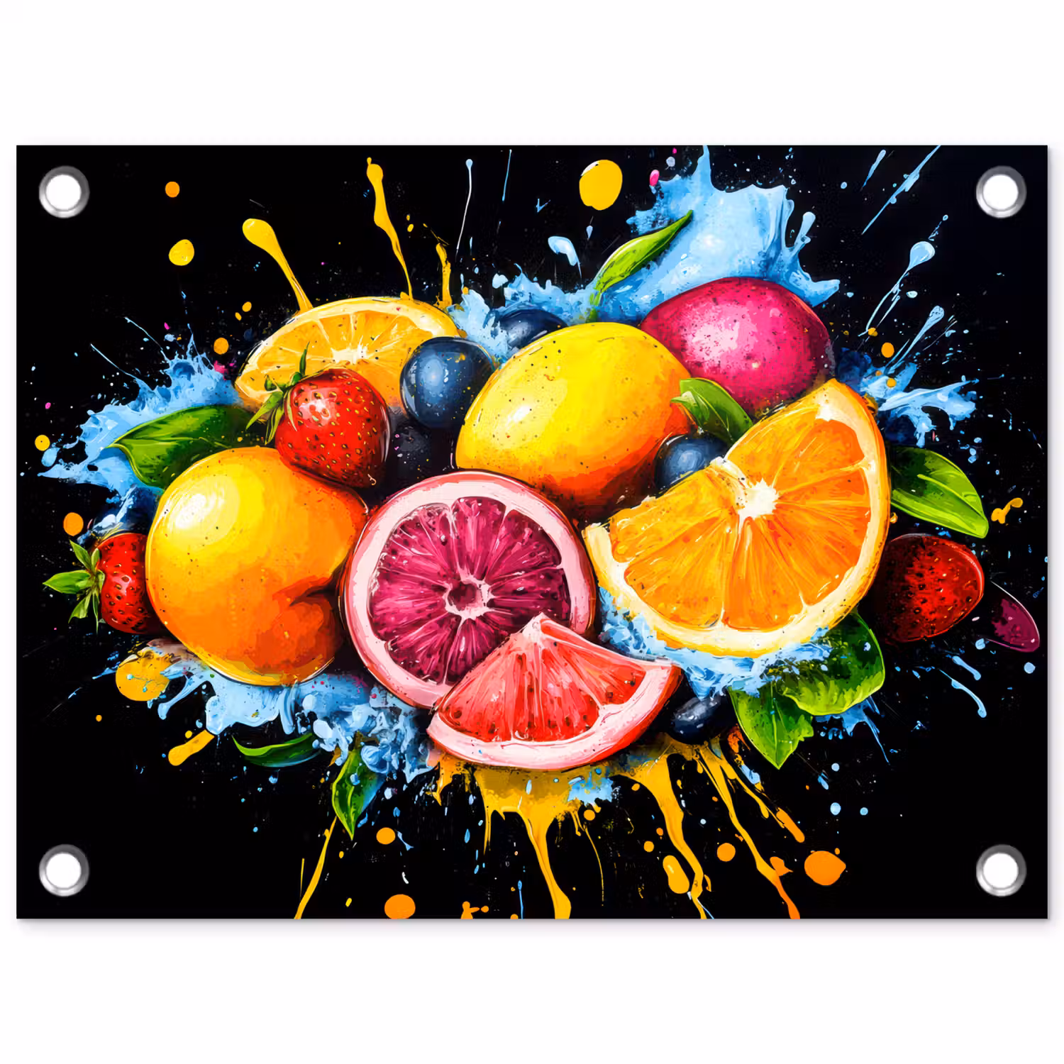 Fruit - Graffiti - Kleurrijk - Sinaasappel - Aardbei - Abstract tuinposter los doek klein -3d