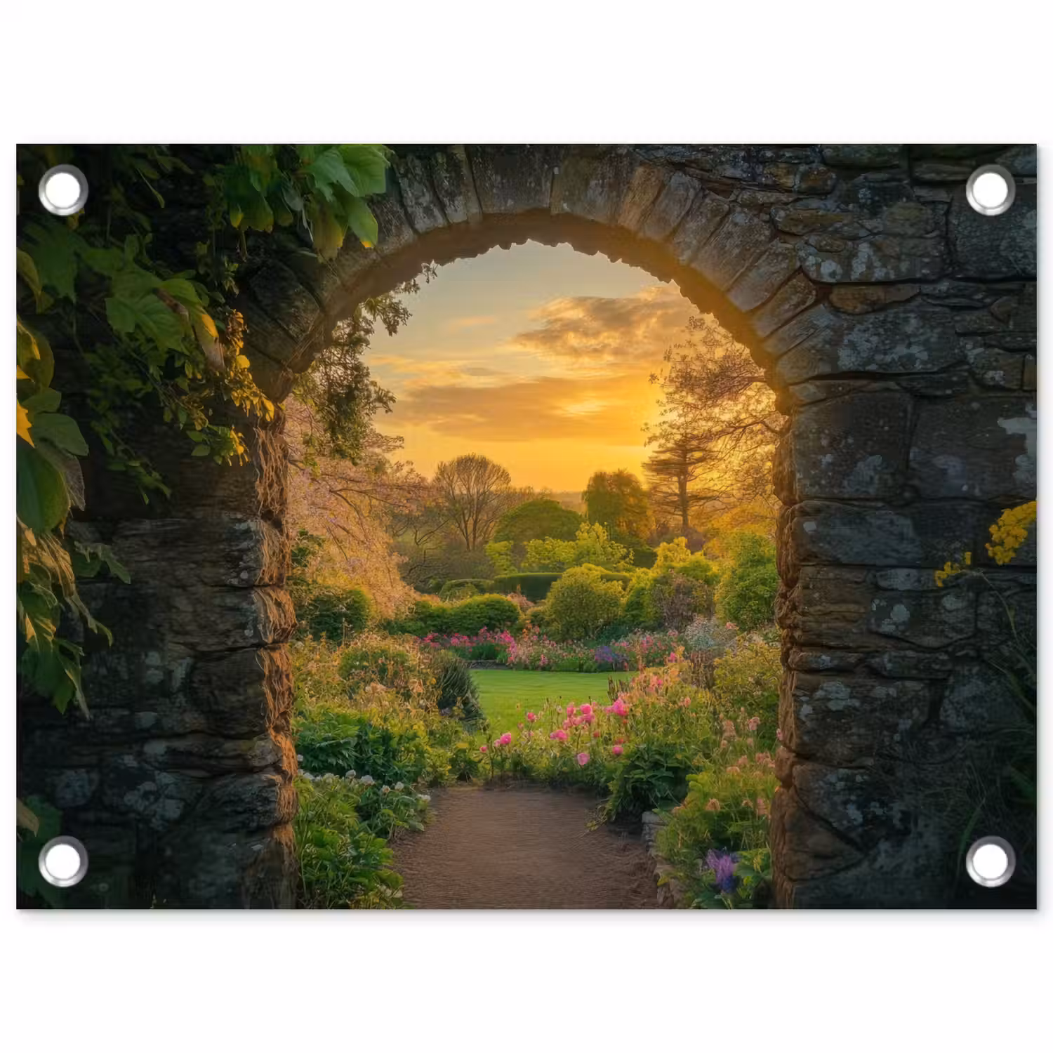 Poort - Planten - Zonsondergang tuinposter los doek klein -3d