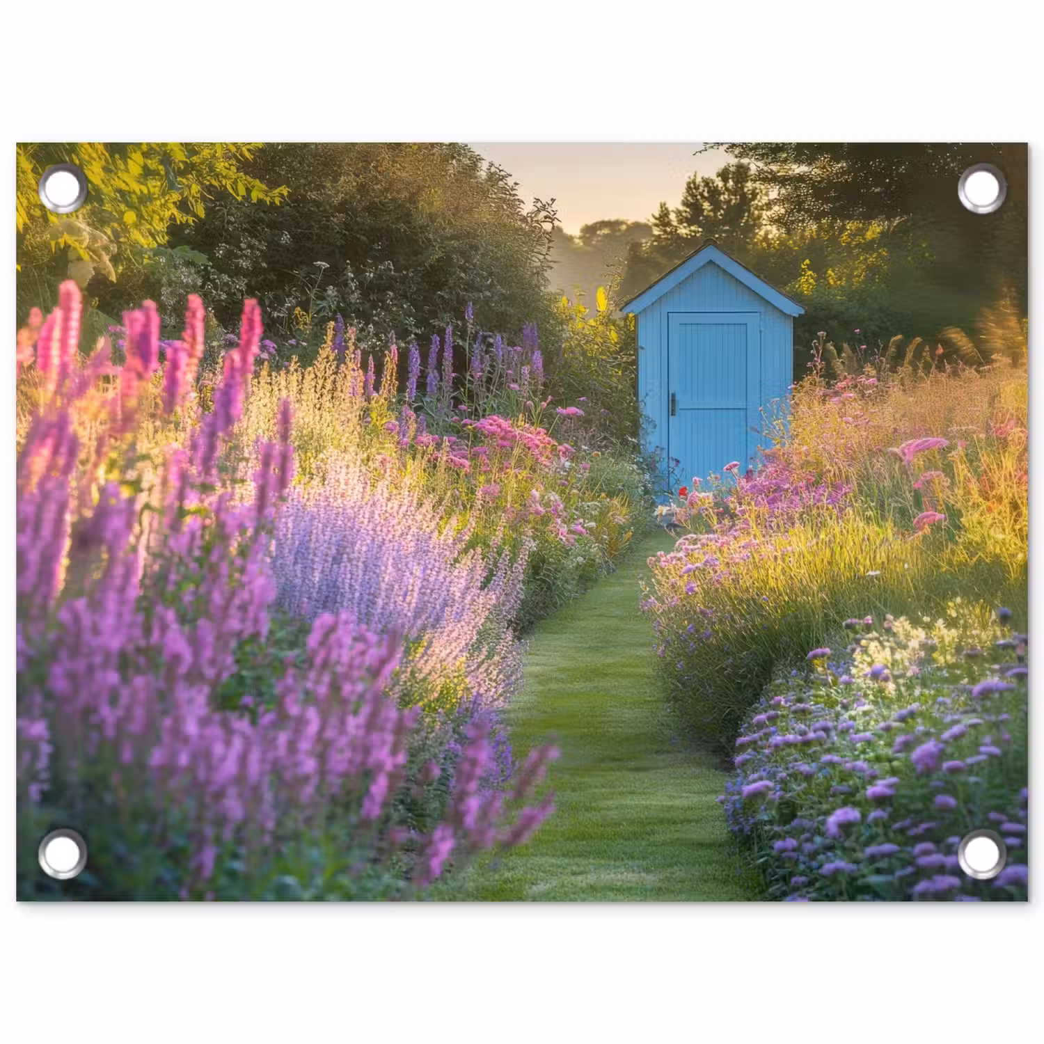 Tuinhuisje - Blauw - Bloemen tuinposter los doek klein -3d