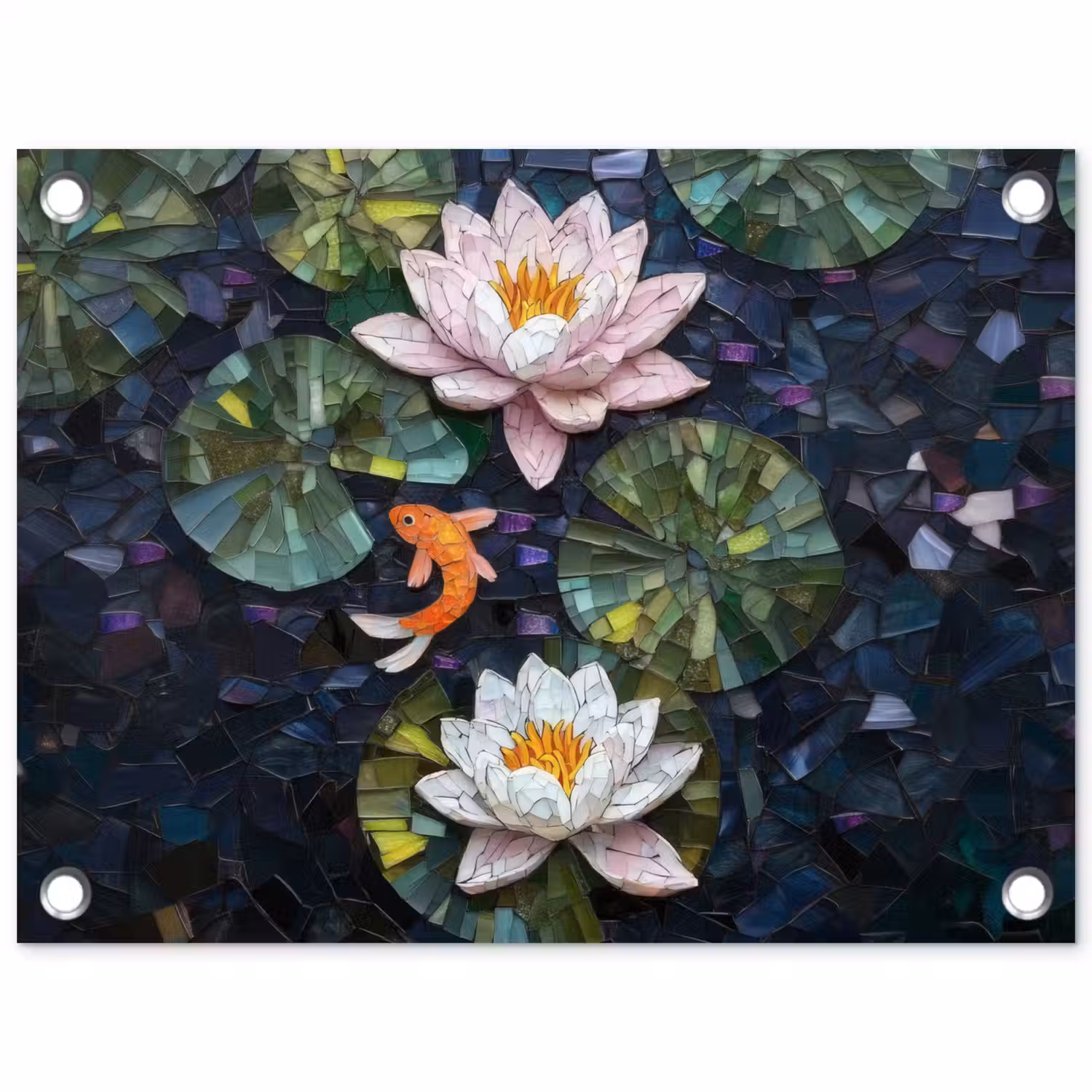 Glasstukjes - Leliebladeren - Vis - Oranje tuinposter los doek klein -3d