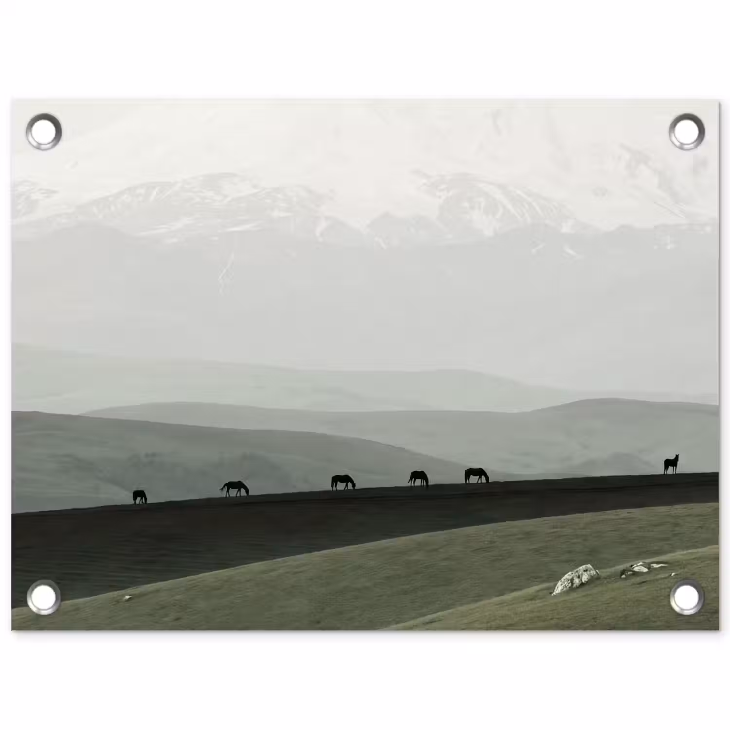 Grijs - Berg - Paarden tuinposter los doek klein -3d