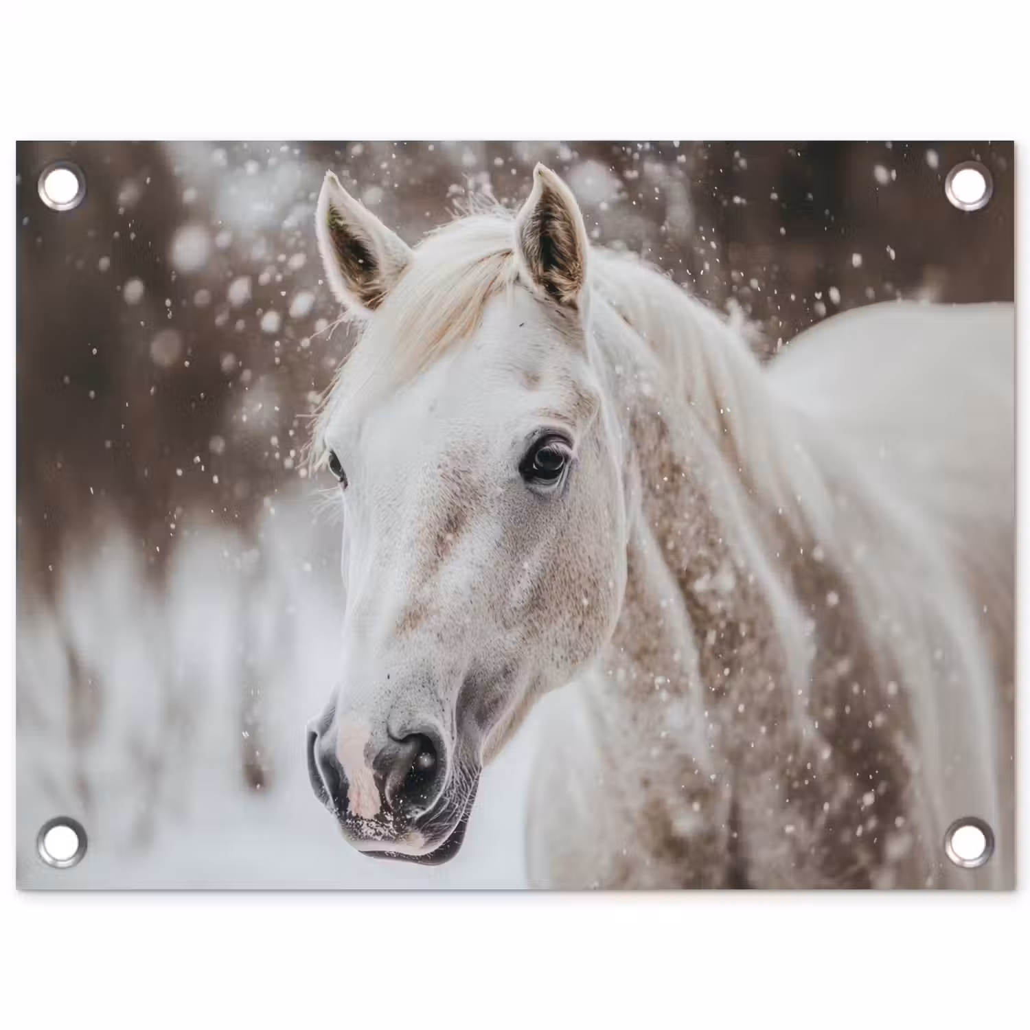 Paard - Wit - Winter - Natuur - Sneeuw - Dieren tuinposter los doek klein -3d