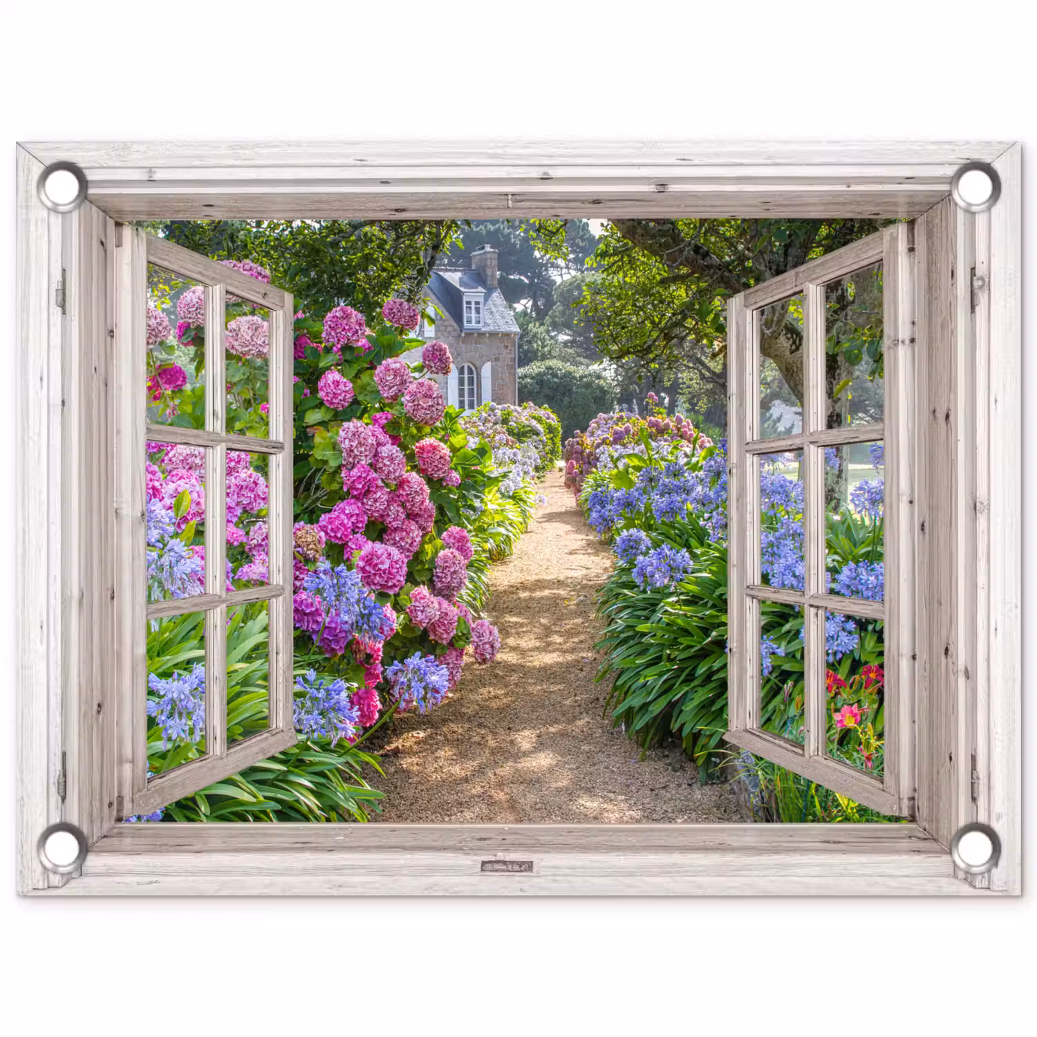 Hortensia - Doorkijk - Bloemen - Zomer - Paars - Pad tuinposter los doek klein -3d