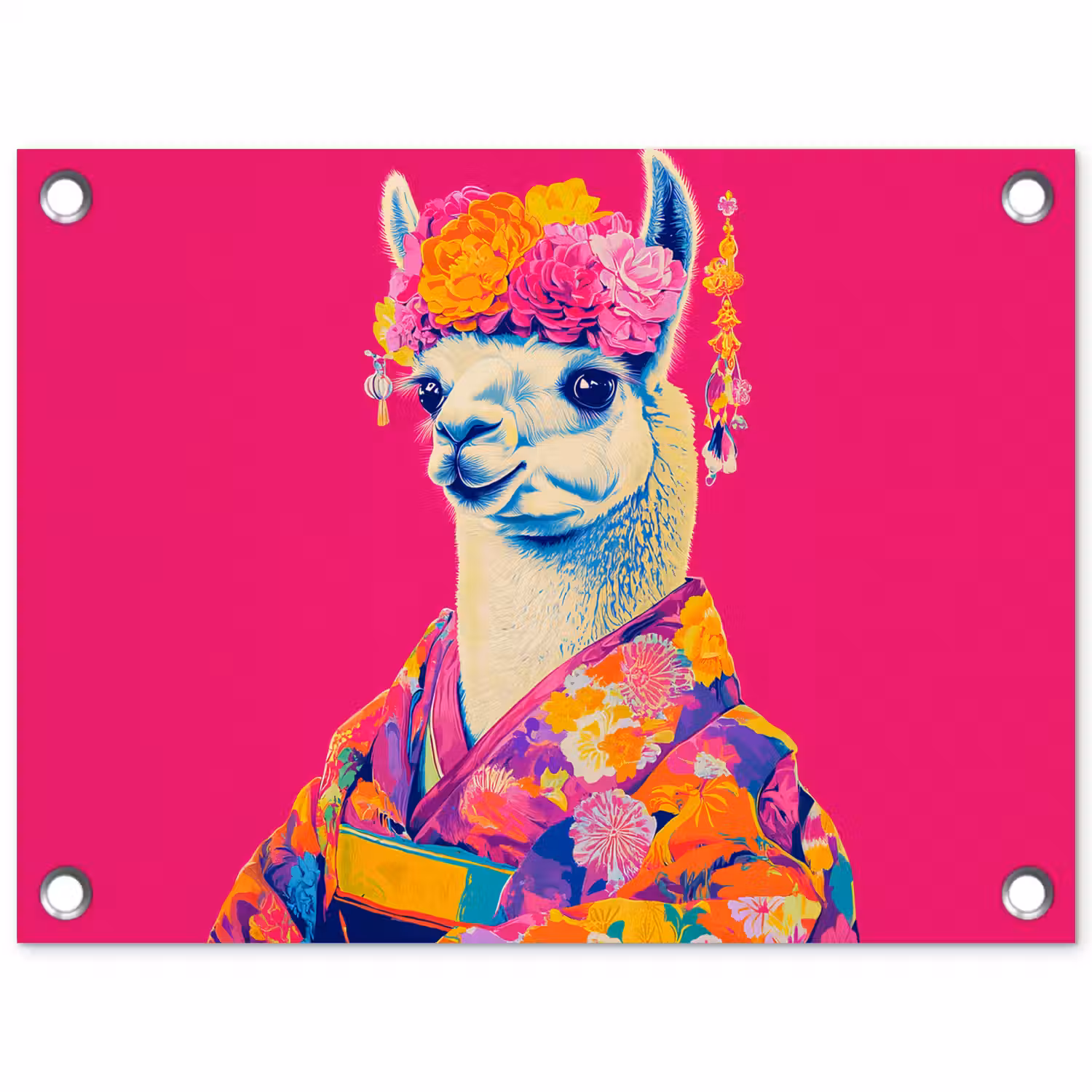 Lama - Kimono - Bloemenkrans - Felroze tuinposter los doek klein -3d