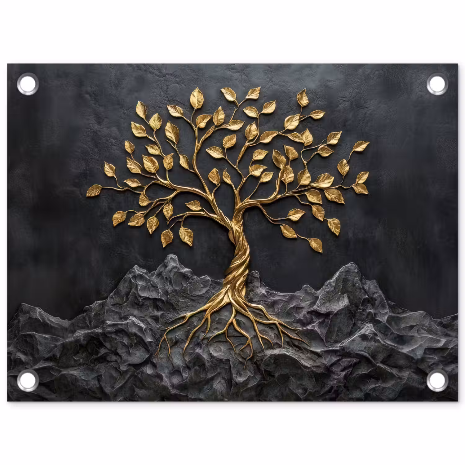 Bladeren - Goud - Boom - Rots tuinposter los doek klein -3d