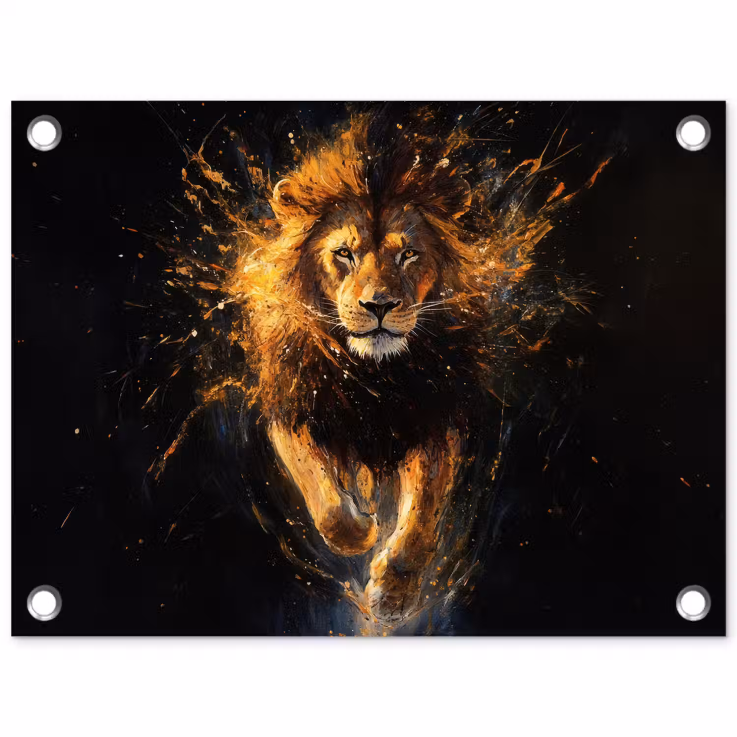 Leeuw - Zwart - Oranje - Verf tuinposter los doek klein -3d