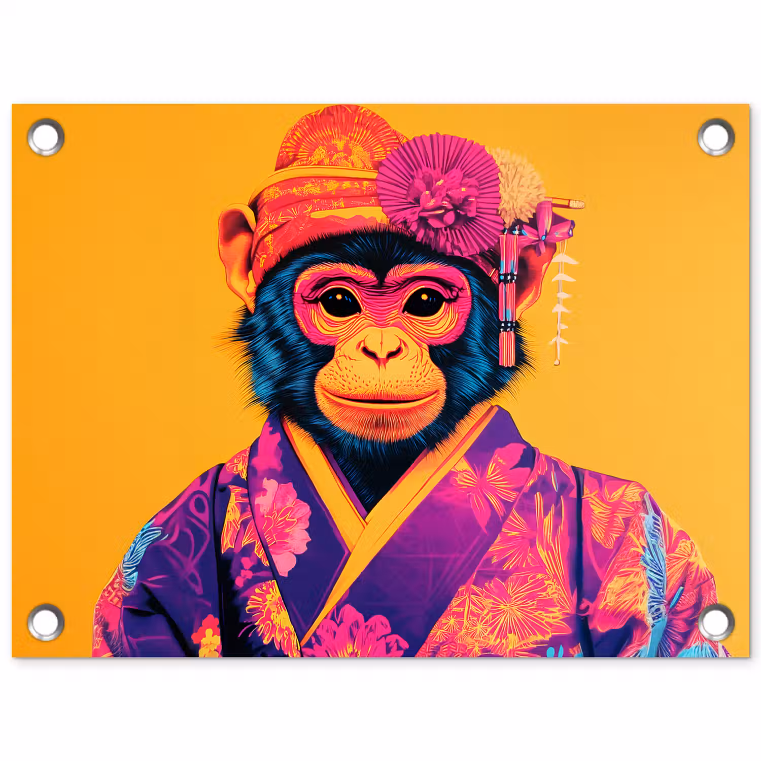 Aap - Kimono - Bloemen - Hoofdtooi tuinposter los doek klein -3d