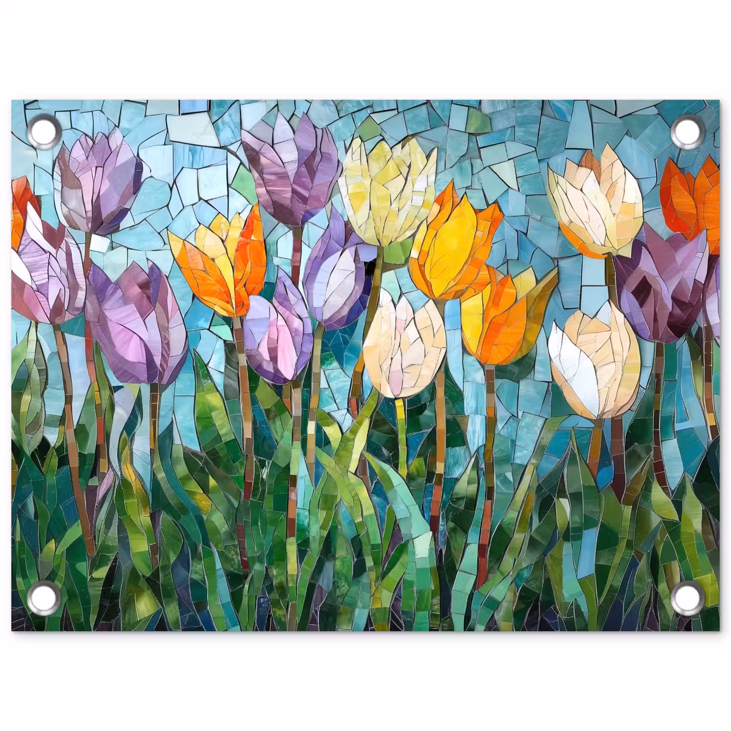 Mozaïek - Veld - Tulpen - Kleurrijk tuinposter los doek klein -3d