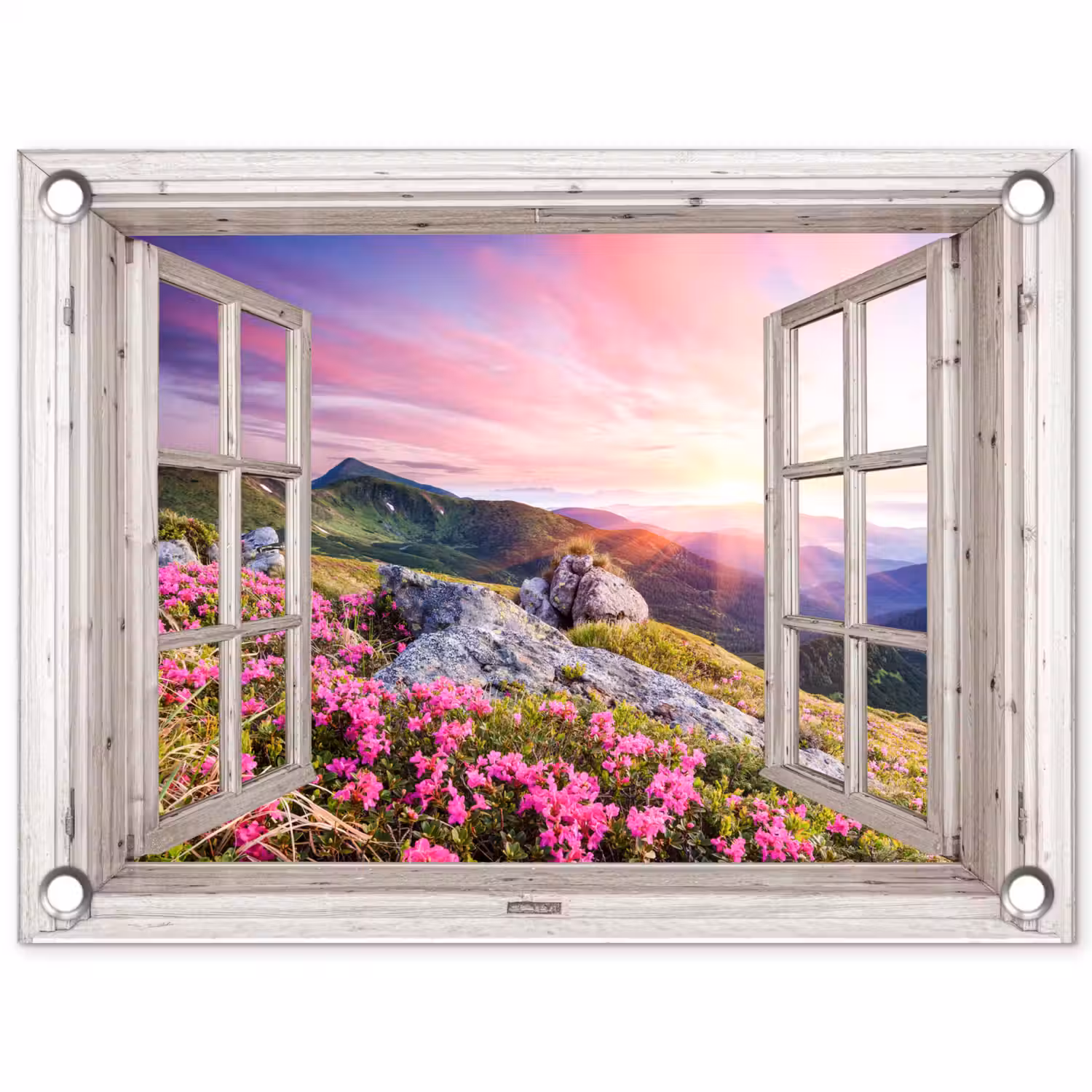 Bergen - Landschap - Doorkijk - Bloemen - Avond - Roze tuinposter los doek klein -3d