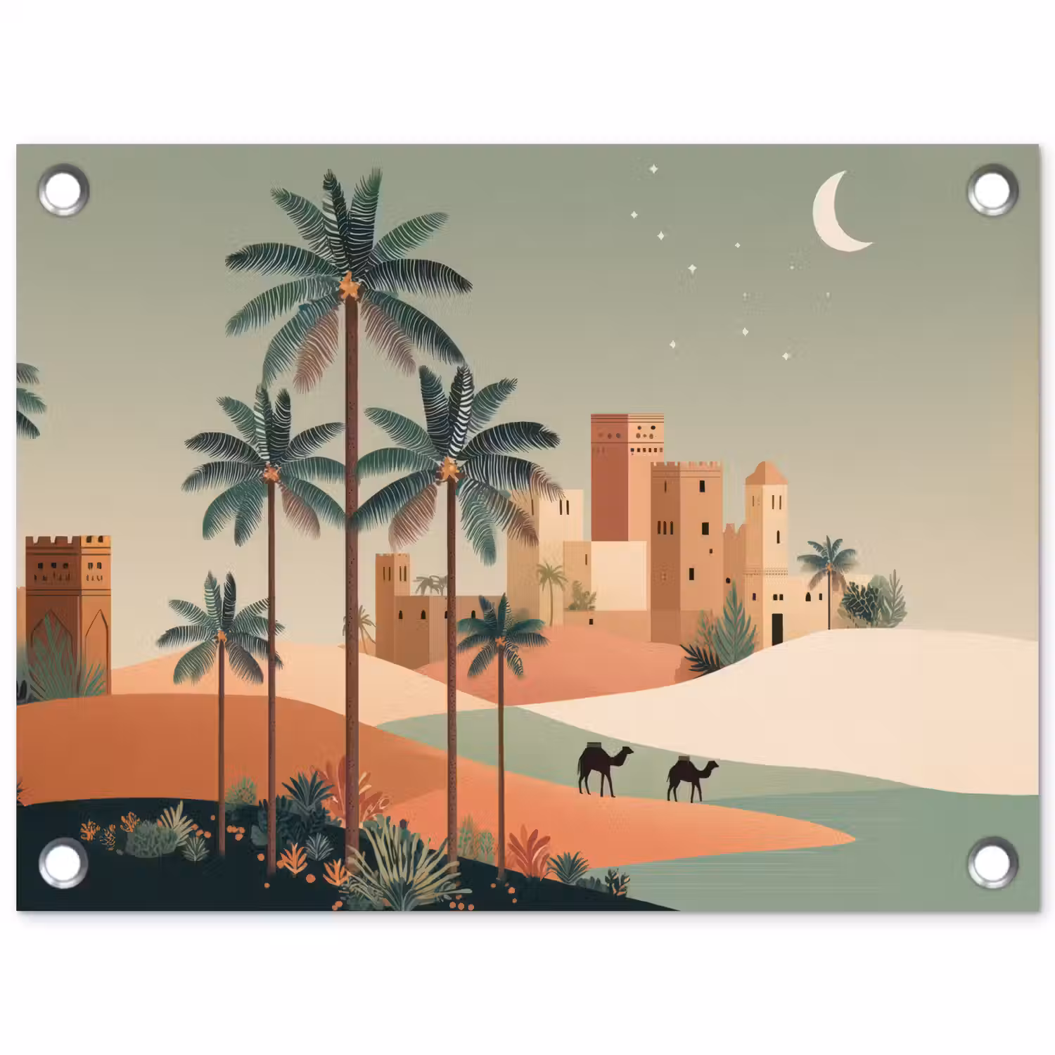 Nachtlandschap - Kamelen - Sterren - zandduinden tuinposter los doek klein -3d