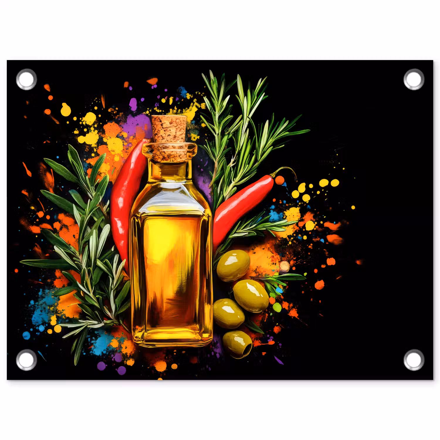 Olijfolie - Graffiti - Peper - Olijven - Modern tuinposter los doek klein -3d