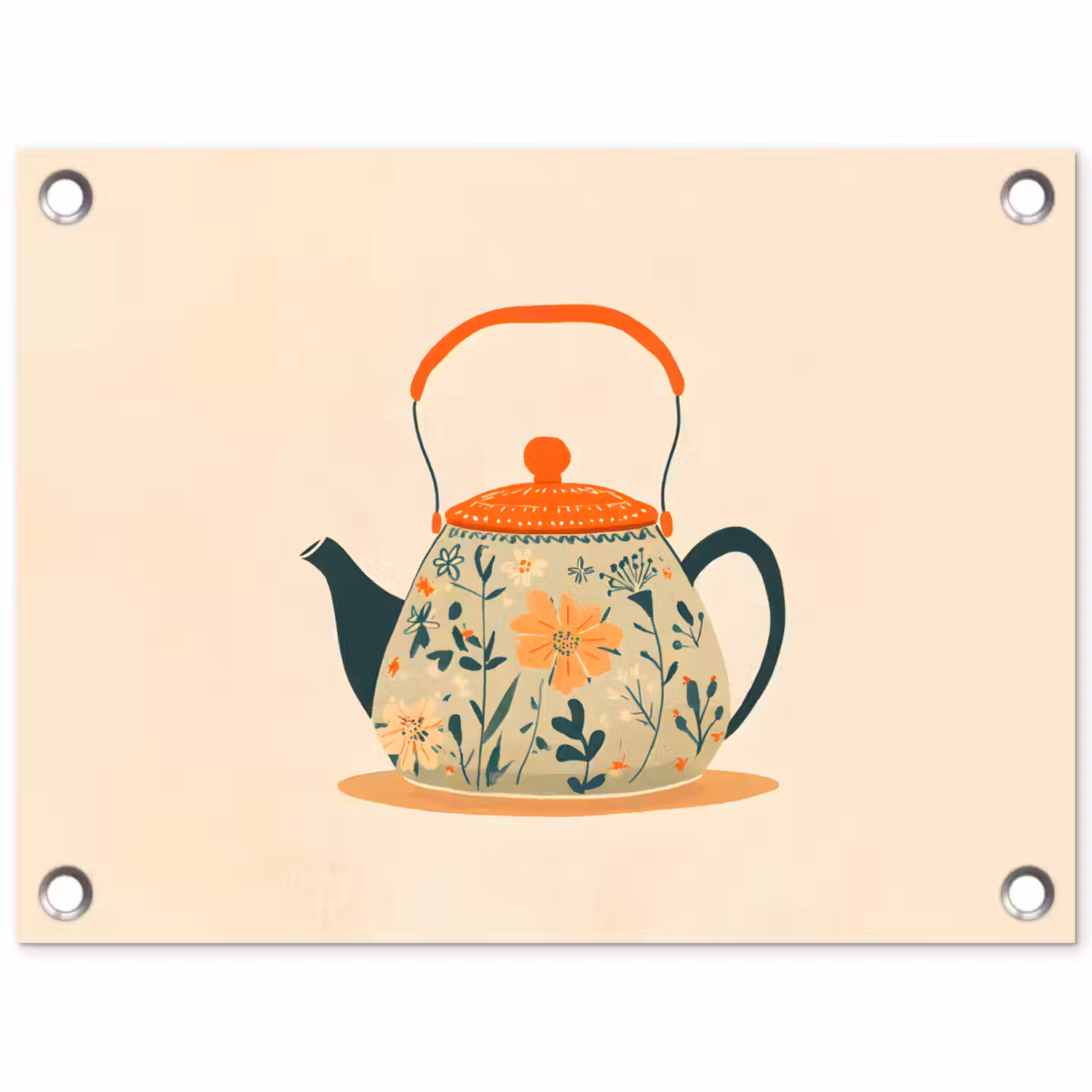 Oranje - Theepot - Bloemen - Bladeren tuinposter los doek klein -3d