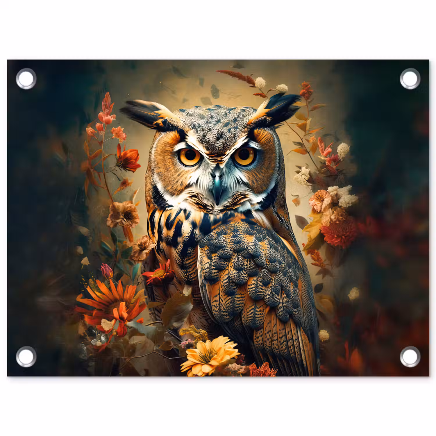 Uil - Vogel - Bloemen - Planten - Botanisch tuinposter los doek klein -3d