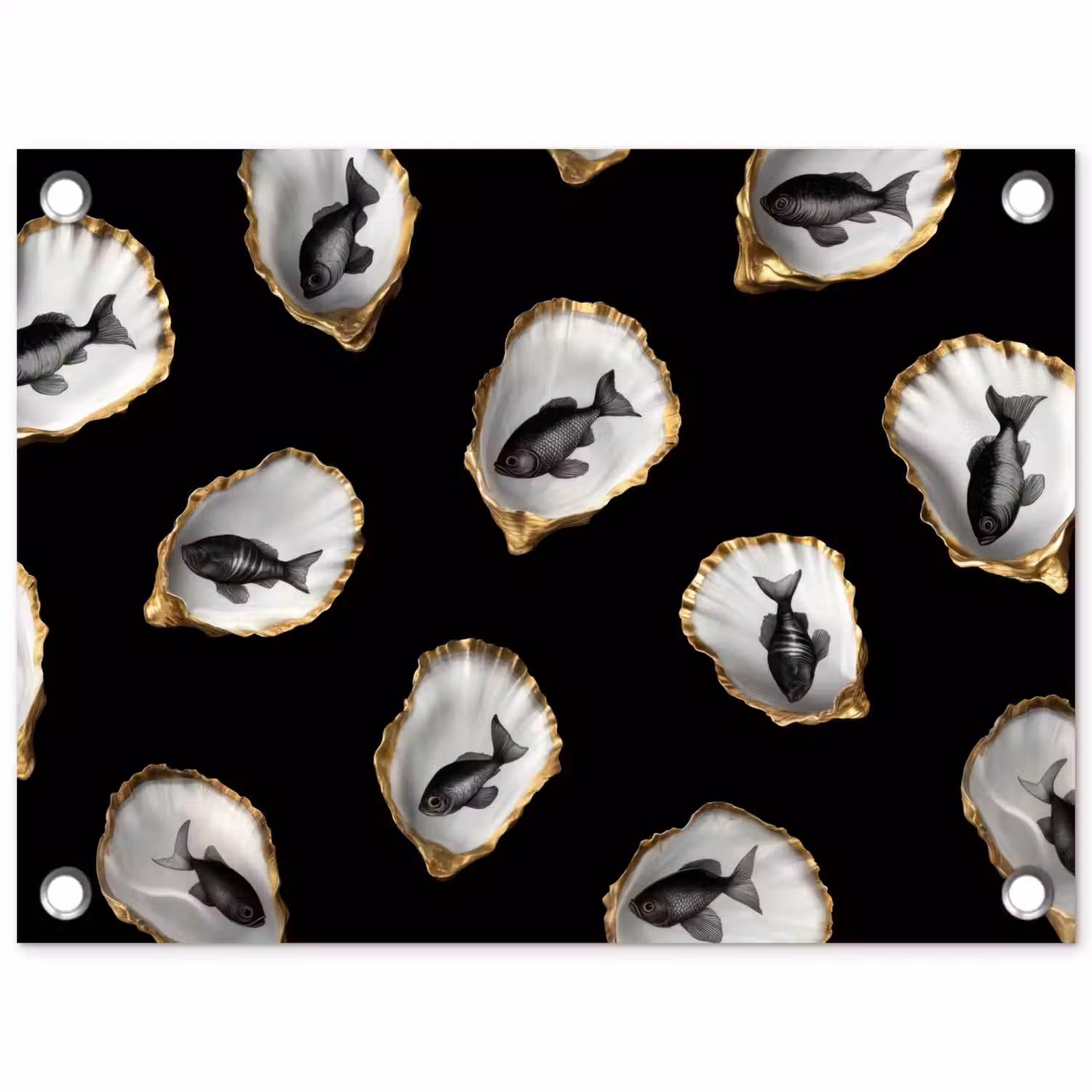 Oesters - Zwart - Vissen - Goud tuinposter los doek klein -3d