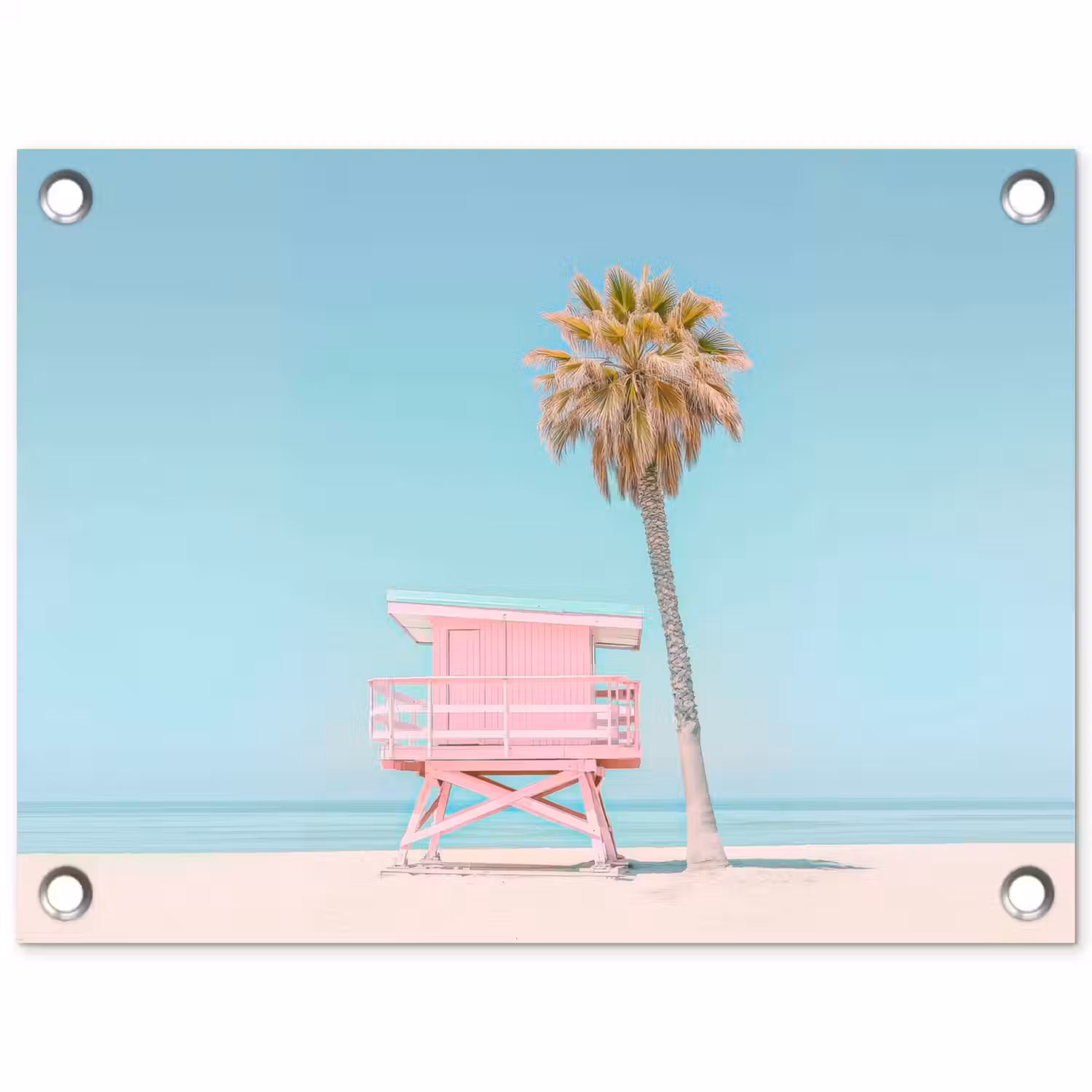 Palmboom - Strandhuis - Roze tuinposter los doek klein -3d