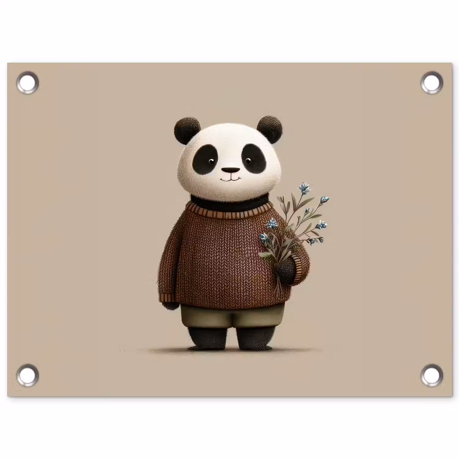 Panda - Blauwe bloemen - Zachtheid tuinposter los doek klein -3d