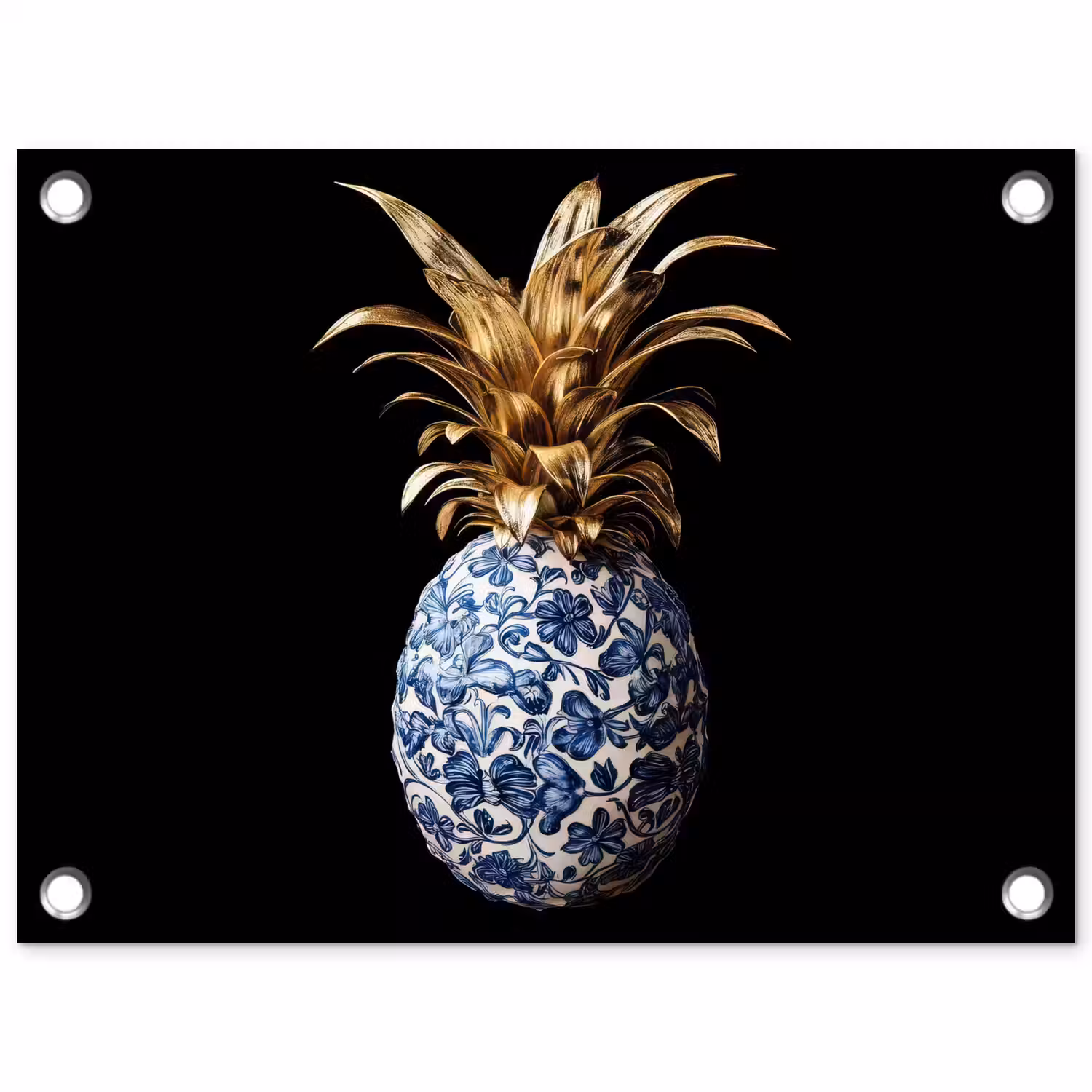 Ananas - Bloemen patroon - Goud - Delftsblauw tuinposter los doek klein -3d