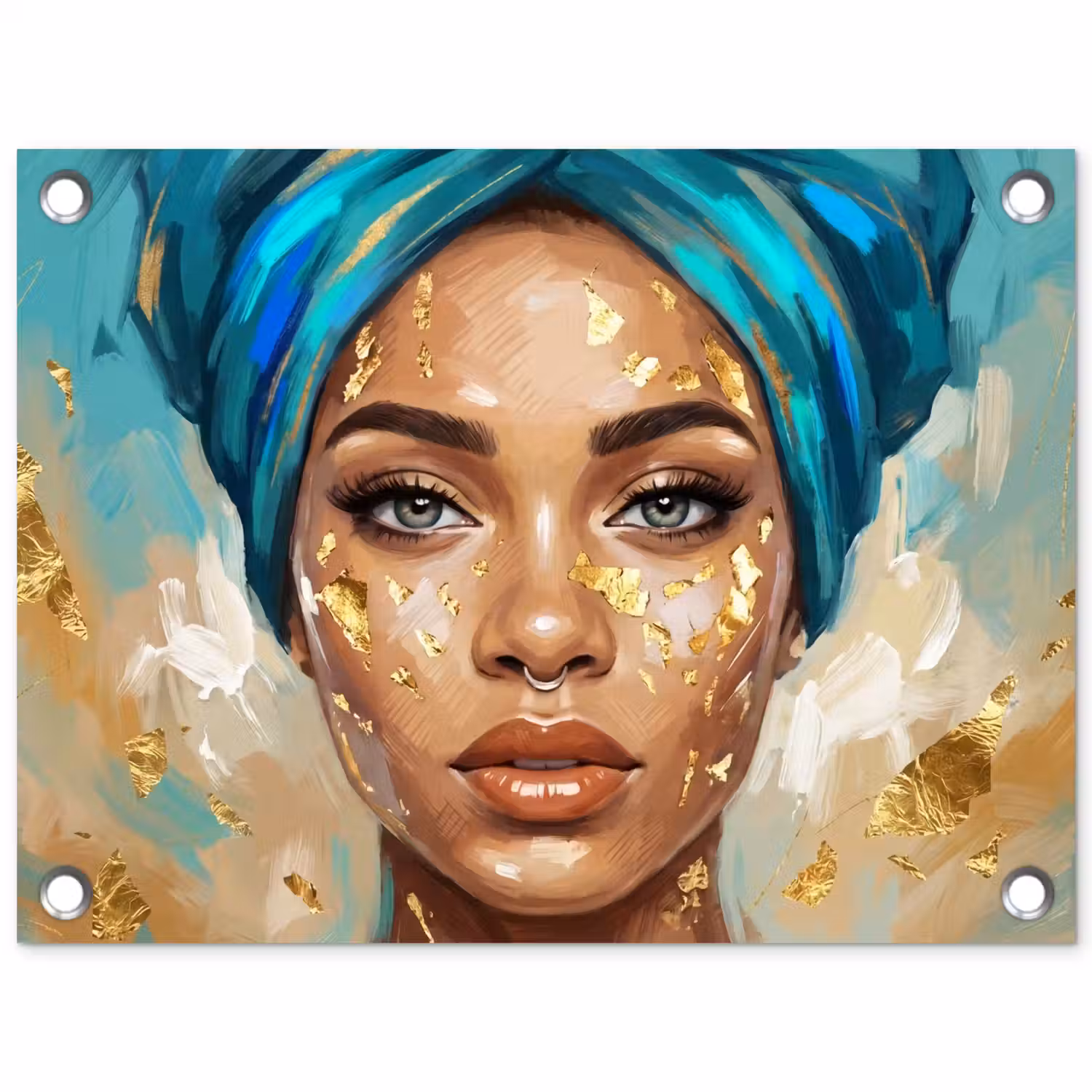 Portret - Vrouw - Schilderij - Blauw - Goud - Expressief tuinposter los doek klein -3d